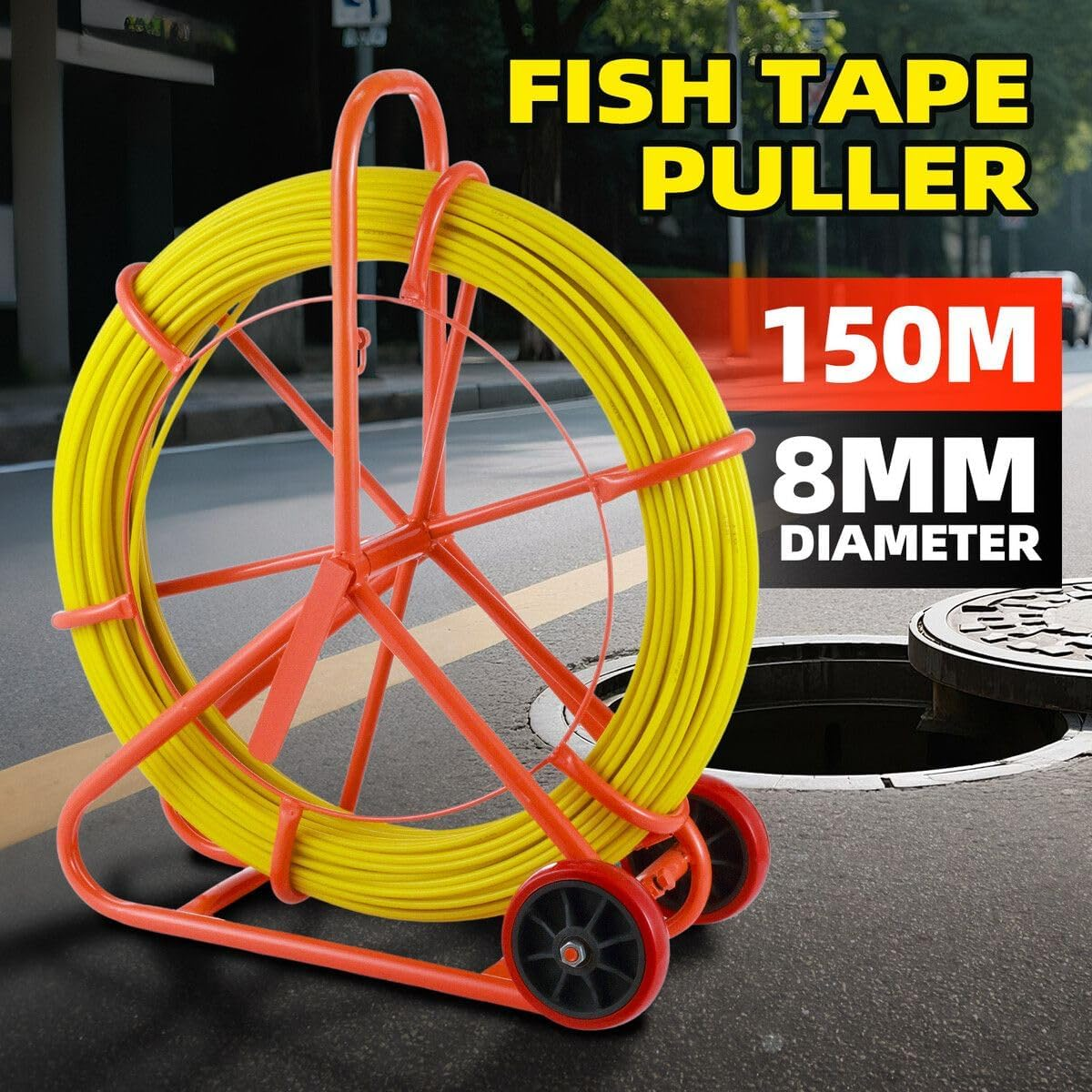 AUSWAY Fish Tape Puller Fibreglass Wire Cable Running Rod Duct Rodder 150Mx8Mm Electrical NBN Fishtape Pulling Tool Brake Wheels Portable Steel Reel Stand image number 3
