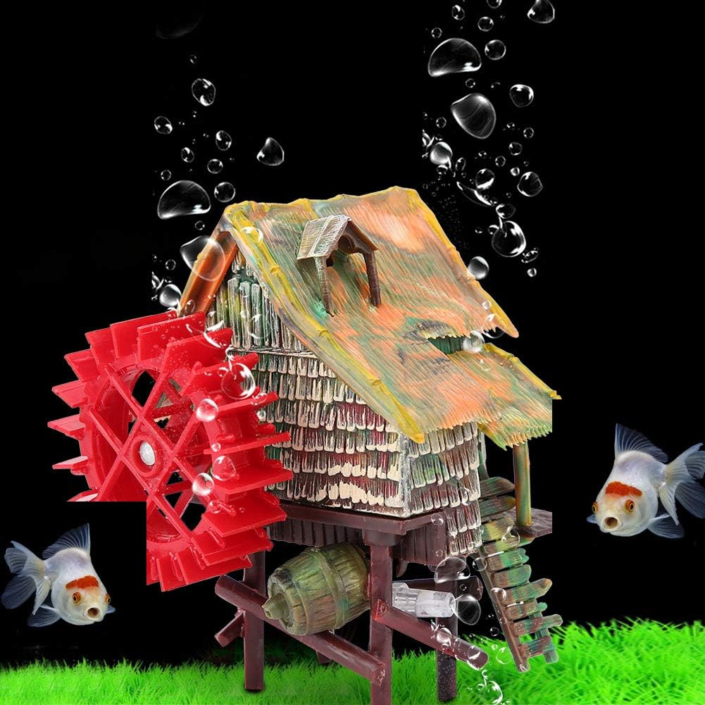 Vividly Color Rotatable Waterwheel Windmill Aquarium, Aquarium Big Water Wheel Landscaping, Waterwheel Hut for Aquarium Office Fish Tank Household(Small Waterwheel)