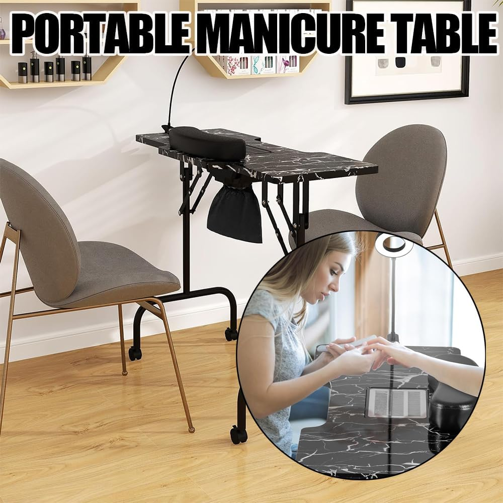 GUDAJIN Portable Nail Table, Foldable All-In-One Nail Table, Mobile Nail Art Workstation with Dust Collector, Nail Light, Carrying Bag and Wrist Pad for Nail Beauty Salon (Black) image number 1
