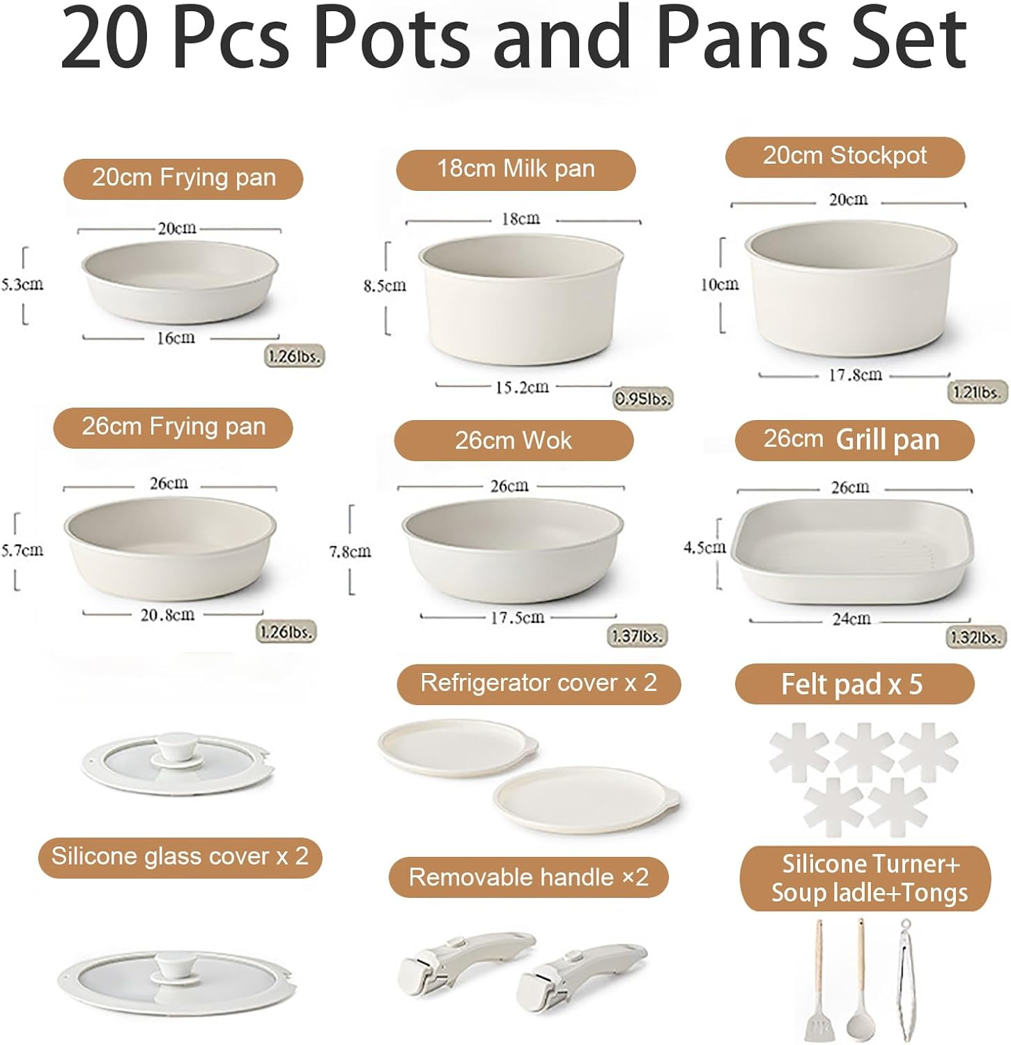 20 Pcs Pots and Pans Set Non Stick, Ceramic Cookware Set Detachable Handle, RV Kitchen Cooking Set Removable Handles, Stackable Non-Stick Pots Set for All Stoves and Oven Safe, Cream White image number 4