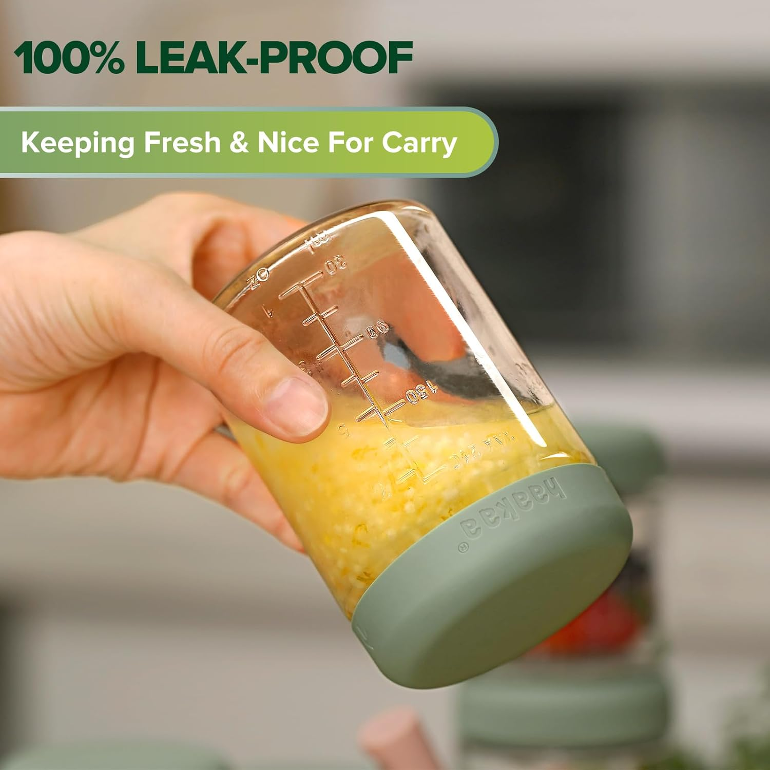 Haakaa Baby Food Storage Containers, Glass Baby Food Storage Jars with Silicone Lid, Baby Food Freezer Storage, 7Oz Baby Food Containers, Freezer Safe Microwave Safe. [4 Pack - Green Cover] image number 2