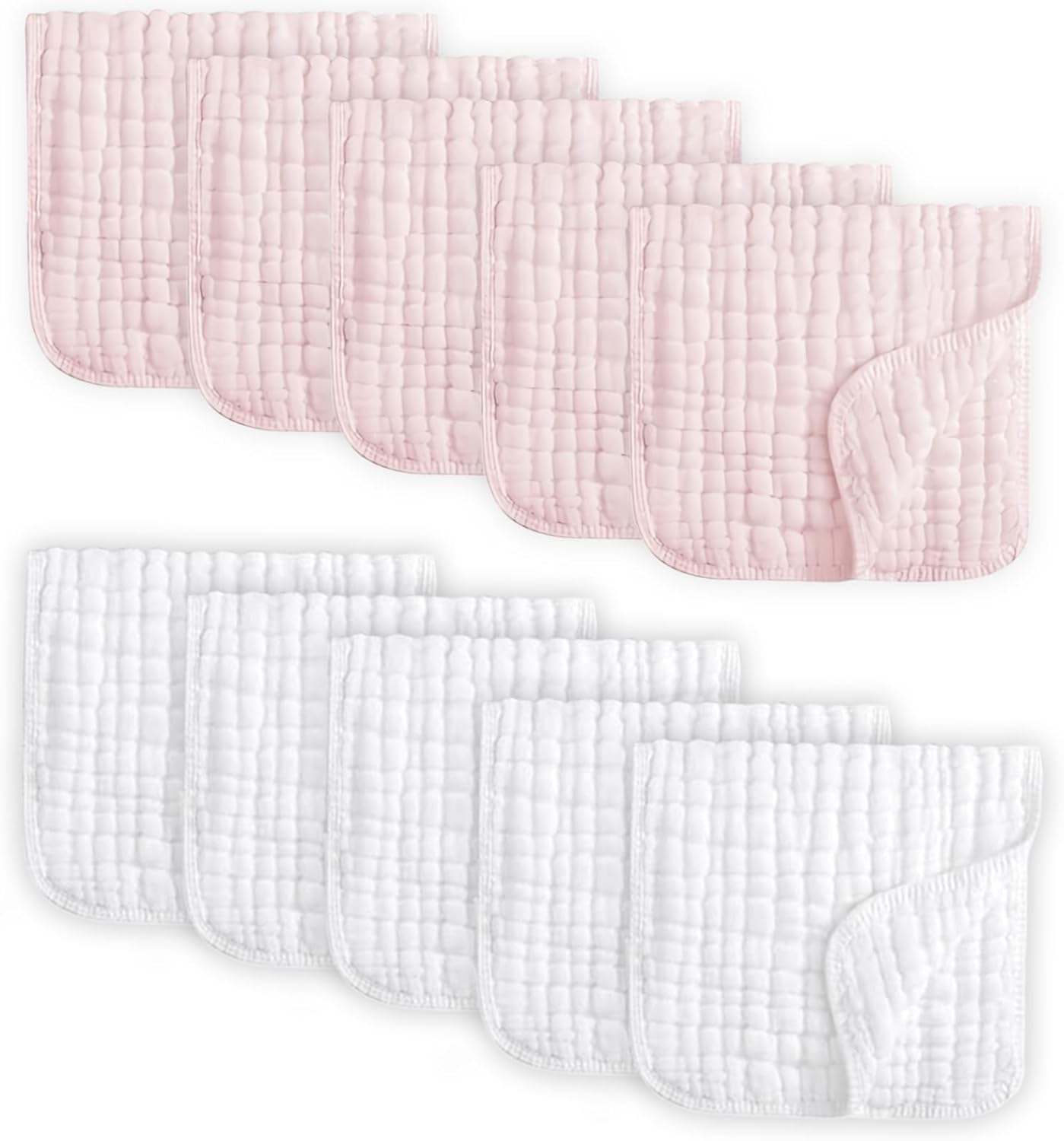 10PC Muslin Burp Cloths for Baby, 100% Cotton Layer 20''&times;10'' Soft Absorbent Face Towel,For Boys and Girls, Newborn Essentials (Whitepink)