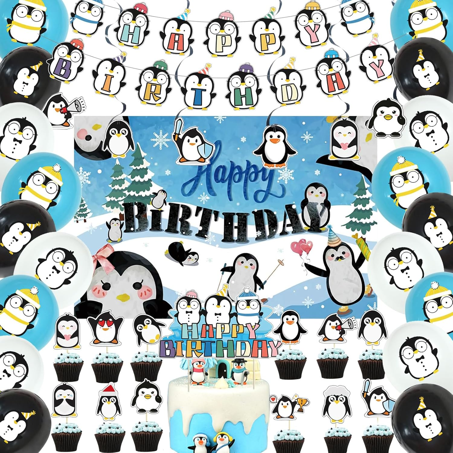 Penguin Birthday Party Supplies - Blue, Yellow, Pink - Cartoon Penguin Decorations - Includes Banner, Balloons, Cake Topper, Cupcake Toppers, Spirals, Background - 39 Count image number 5