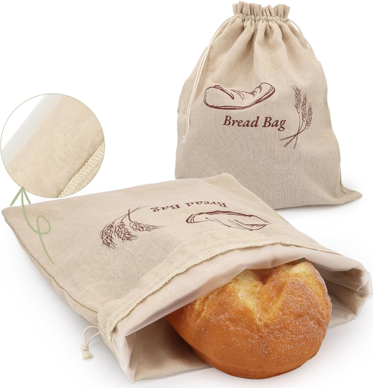 QUYANGCHIFENG 2Pcs Linen Bread Bags for Homemade Bread - Reusable Sourdough Bread Storage with Plastic Inner Lining, Durable Bread Keeper for Fresh Bread, Gifts for Home Bakers - 12"X15" image number 6