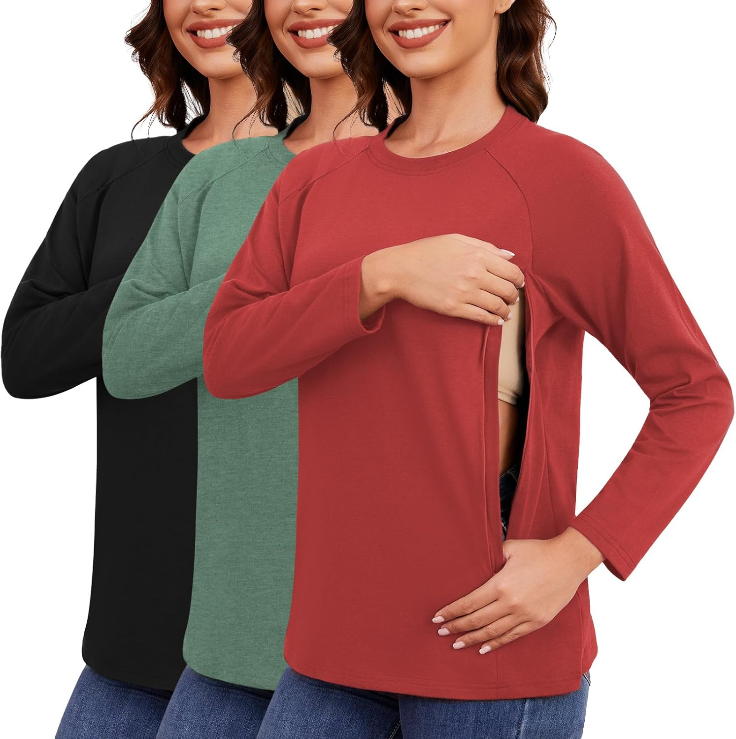 Ecavus 3-Pack Breastfeeding Shirts with Hidden Zippers Comfort and Soft Nursing Shirts for Women