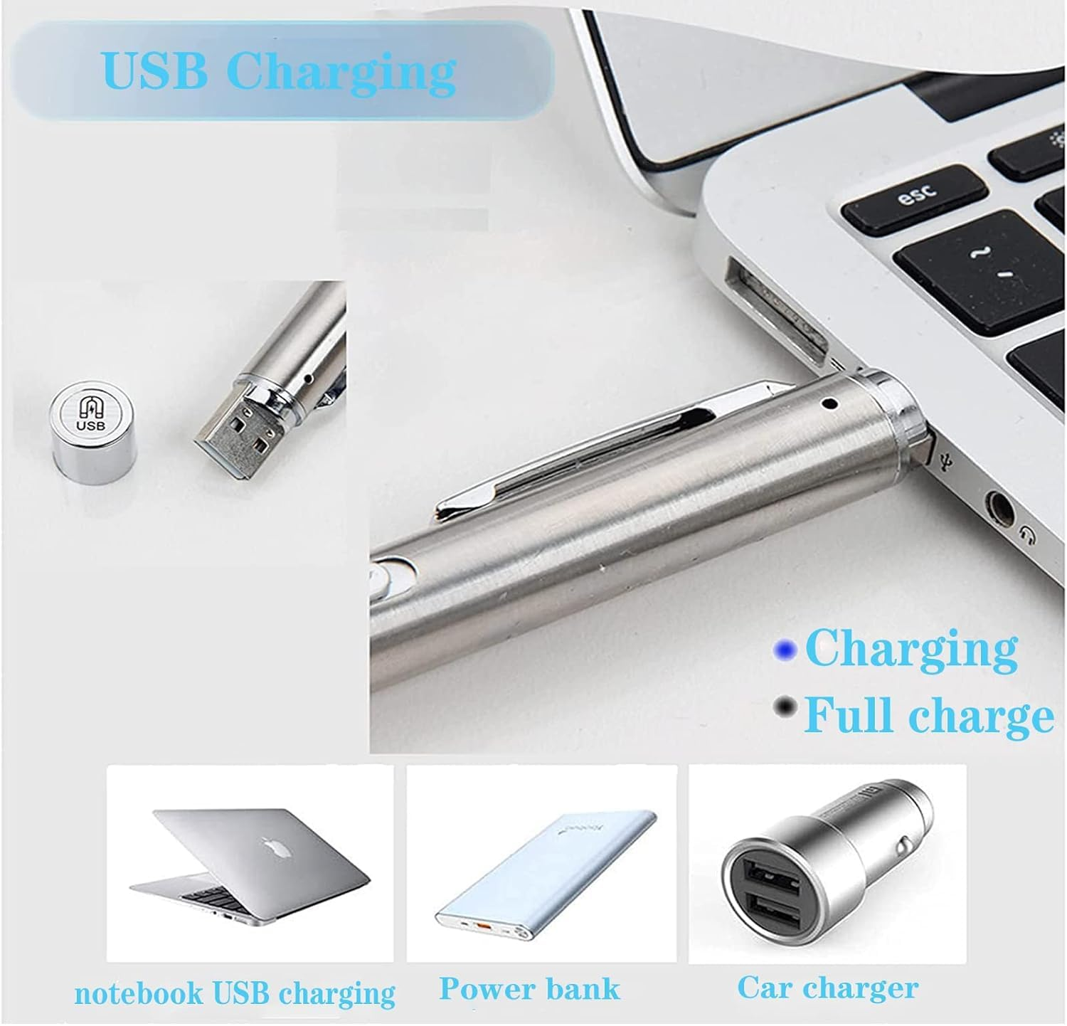 YUENTOEN Pen Light,Usb Rechargeable LED Flashlight with Pupil Gauge Stainless Steel Clip Dual Light Source for Home and Outdoor(Silver) image number 6