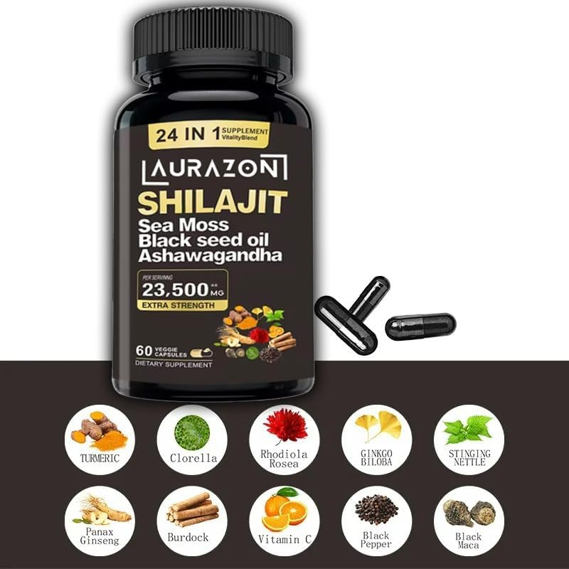 Aurazon Pure Himilayan Shilajit Enriched with Ashwagandha,Sea Moss,Black Seed Oil & Rhodiola Rosea, High Strength 23500 Mg Shilajit Complex Capsules with 2 Months Supply for Both Men and Women