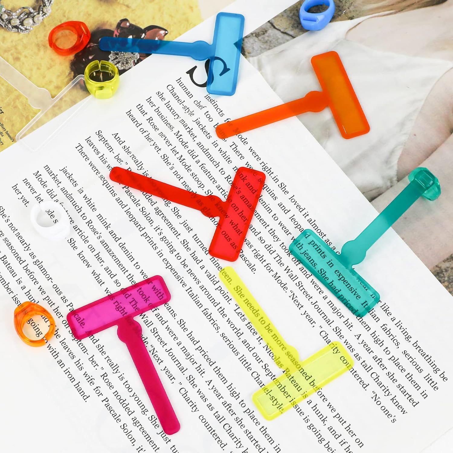 Sliverdew 14Pcs Dyslexia Tools for Kids Guided Reading Strips Tools Colored Highlighter 8Pcs Overlay Strips with 6Pcs Finger Rings Colorful Reading Bookmark Children ADHD Finger Trackers image number 2