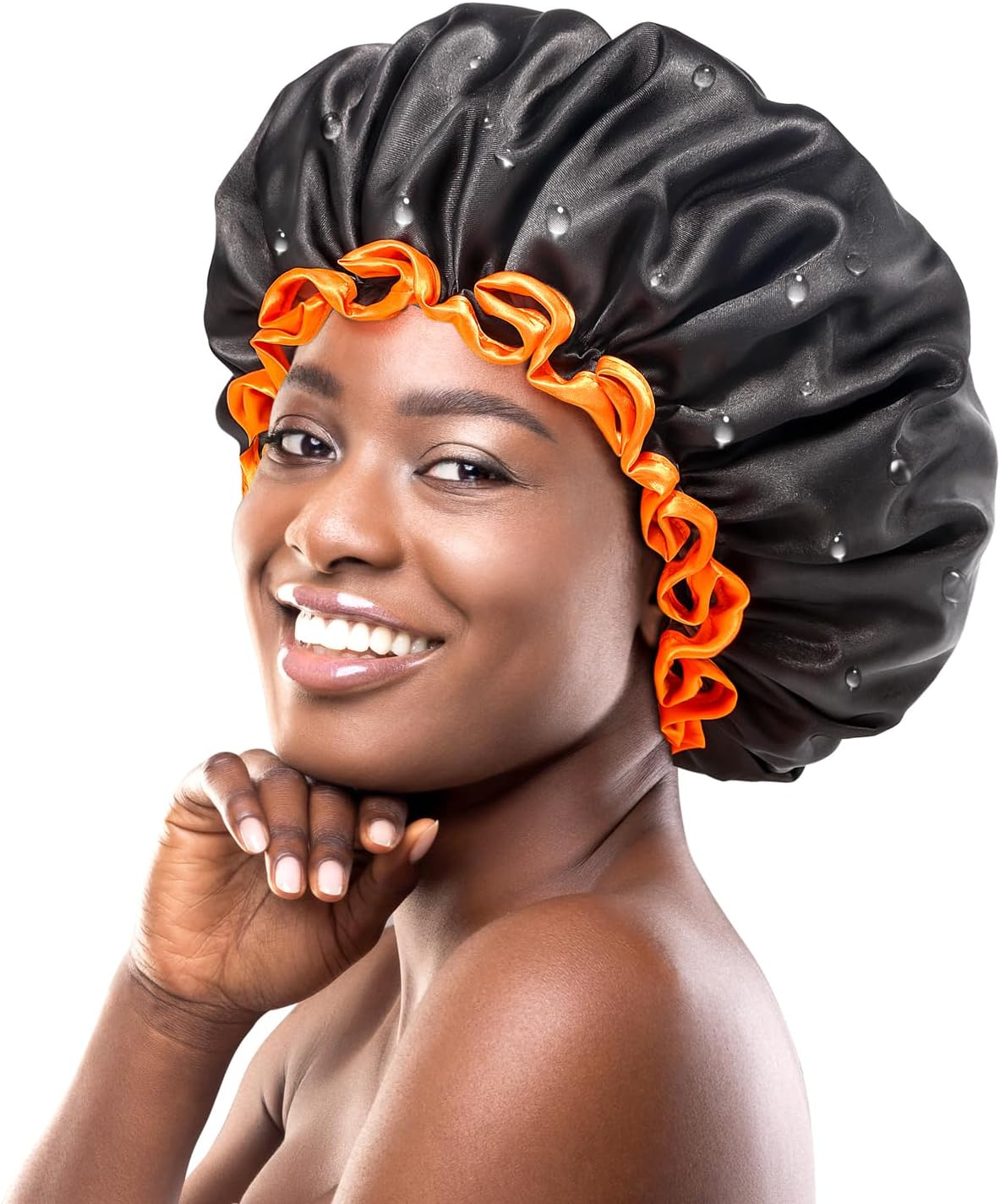 Mikimini Large Shower Cap for Women Long Hair, Black, Reusable Waterproof Double Layers XL Washable Colorfast Odorless High-Quality Shower Cap for Men with Vibrant Orange Edge image number 6