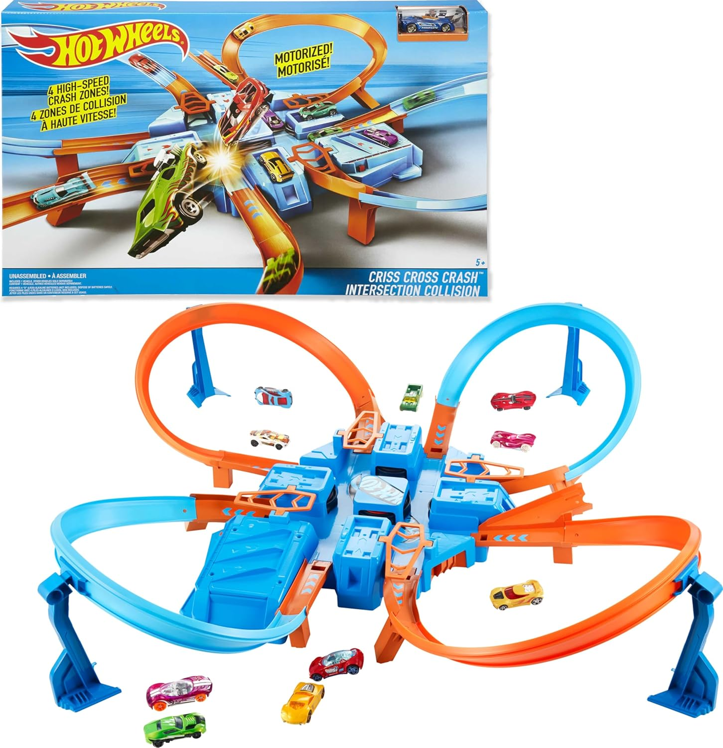 Hot Wheels Track Set with 1:64 Scale Toy Car, 4 Intersections for Crashing, Powered by a Motorized Booster, Criss-Cross Crash Track image number 3