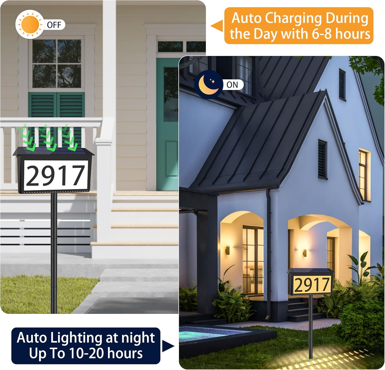 Solar Address Sign, House Numbers for outside Light Up, 3 Colors Waterproof LED Illuminated House Numbers with Stake, Wall Mounted/In Ground Solar Powered Address Plaque for Yard Garden Home image number 4