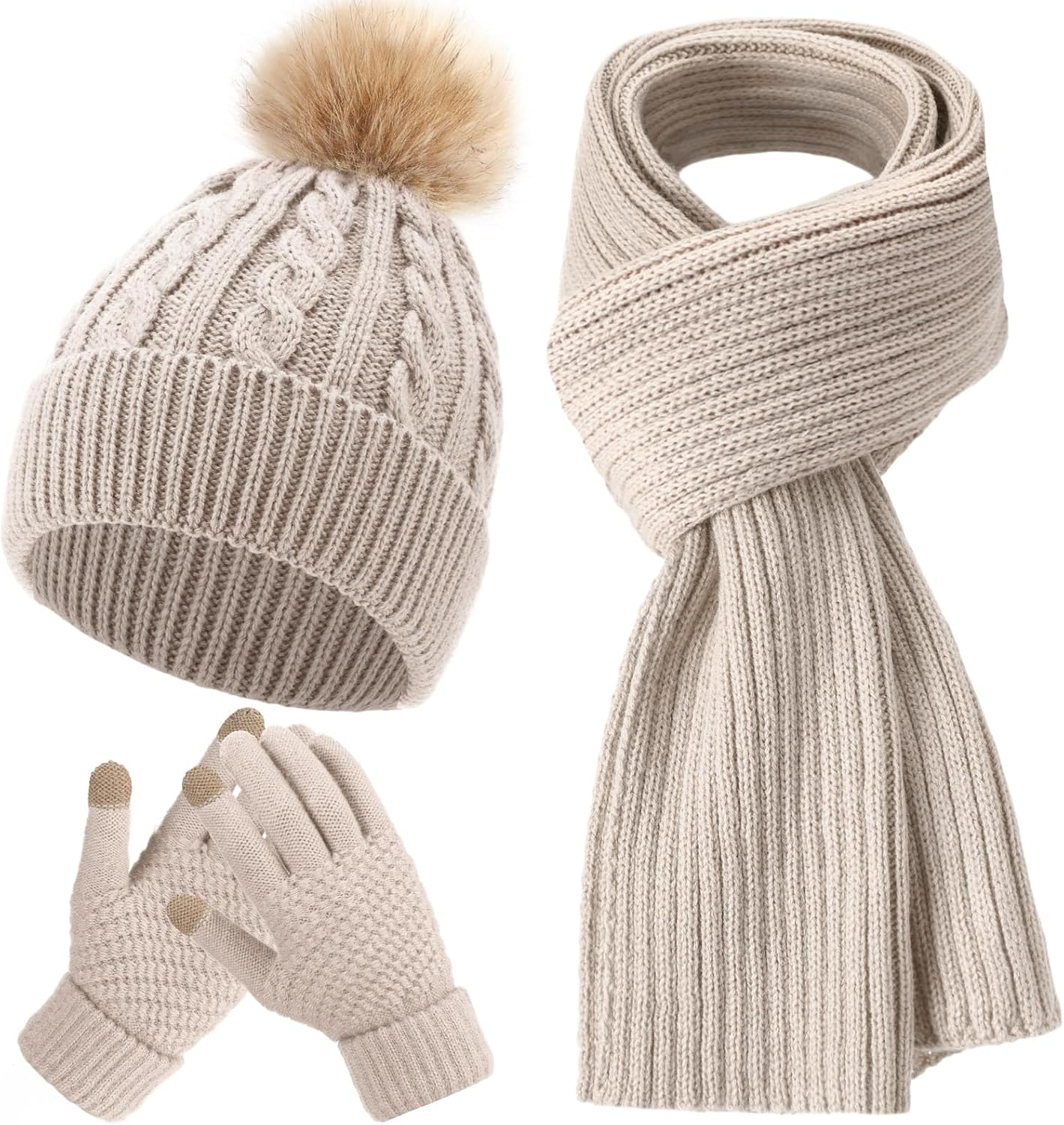 Geyoga 3 Pieces Winter Beanie Hat Scarf Touch Screen Warm Gloves Set Knit Skull Cap for Men and Women