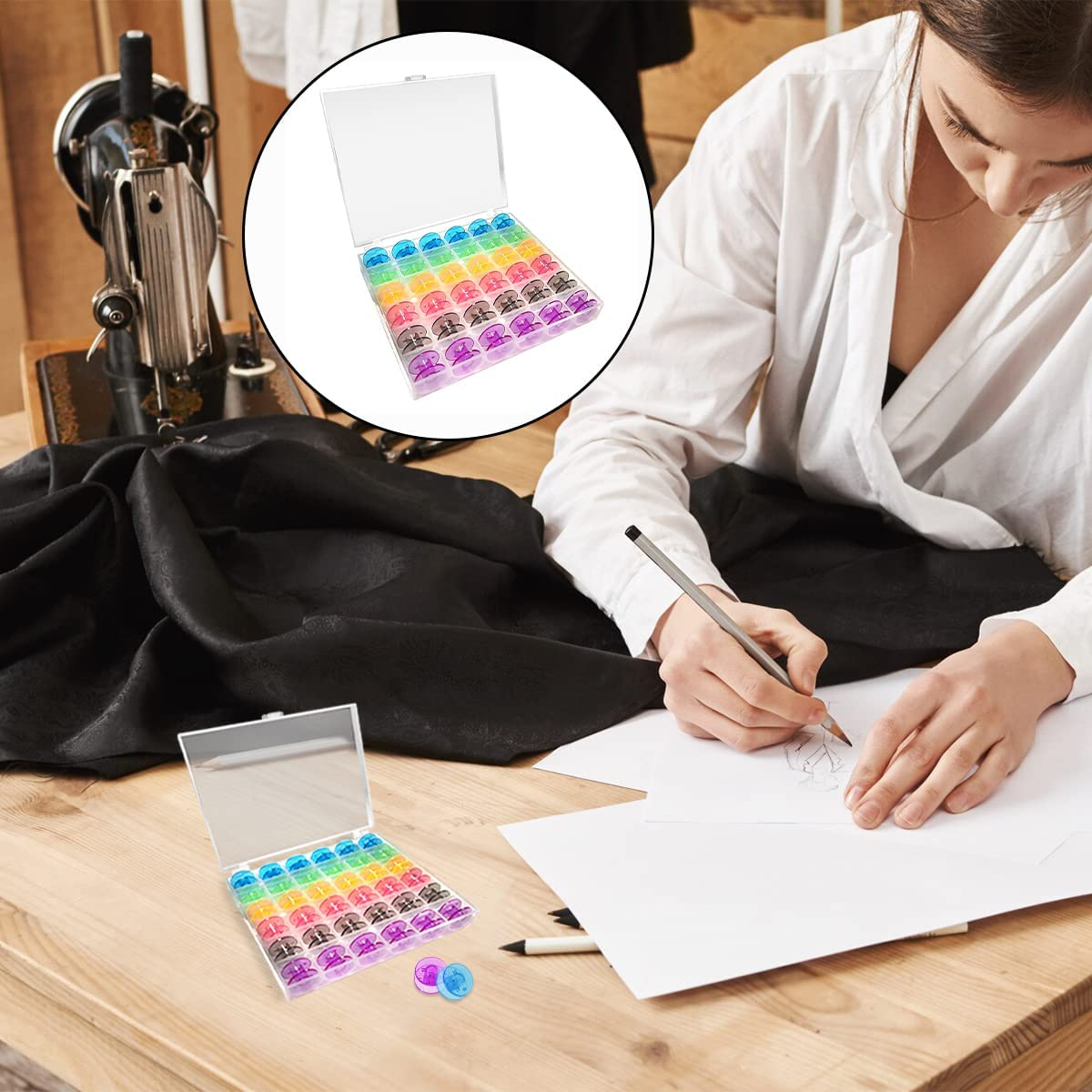 Sewing Machine Bobbins, 36PCS Transparent Sewing Machine Spools with Bobbin Case (Color) image number 1