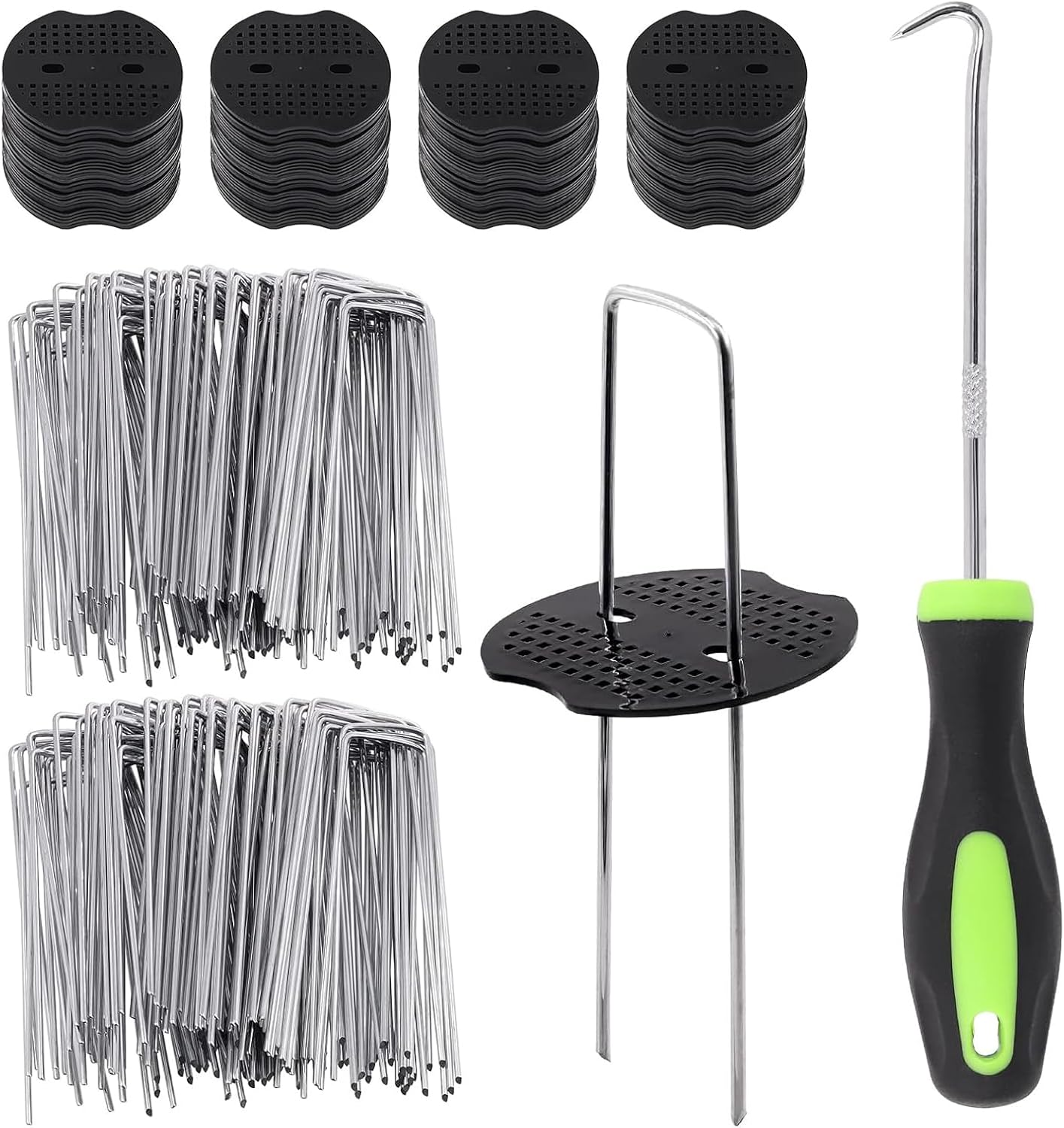 Garden Stakes, 6 Inch 11 Gauge 100Pcs Galvanized Landscape Staples + 100Pcs Plastic Gaskets + 1 Pick Hook, Heavy Duty Sod Pins Landscape Pins Lawn Stakes for Weed Barrier Fabric, Ground Cover, Fence image number 2