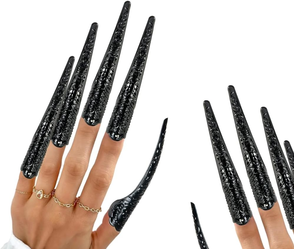 10 Pcs Long Finger Claws ,Cuff Design Adjustable Black Metal Nail Rings Extension,Halloween Articulated Hands Jewelry Fingertip, Cool Stuff Scary Vampire Demon Cat Cosplay Accessories Women Costume