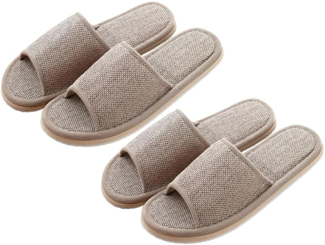 2Pairs Summer Slippers - 26Cm Non Slip Eva Bottom Cotton Linen Slippers Lightweight for Home Hotels and Guest Use Beige image number 5