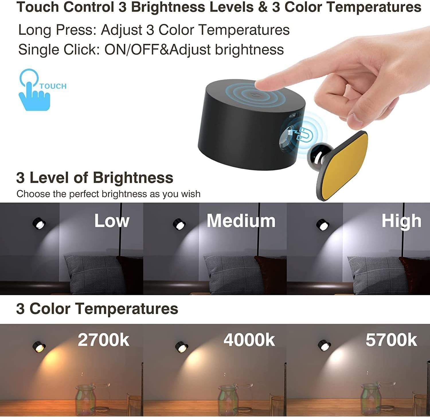 Wall Lights 360&deg;Rotate Rechargeable Touch Control Adjust 3 Brightness Levels Wall Mounted Lamp LED Wall Lights for Bathroom, Living Room, Kitchen (Wood) image number 4