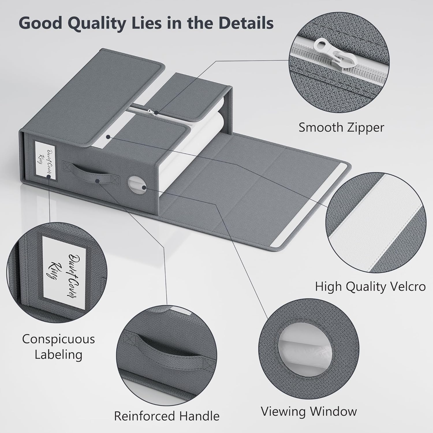 TRZZ 4-Pack Bed Sheet Organizers and Storage, Foldable Linen Bins with Window and Labels, Bedding Holder for Queen/King Duvet Covers, Keeps Bedding Neatly Organized and Accessible (Grey) image number 1