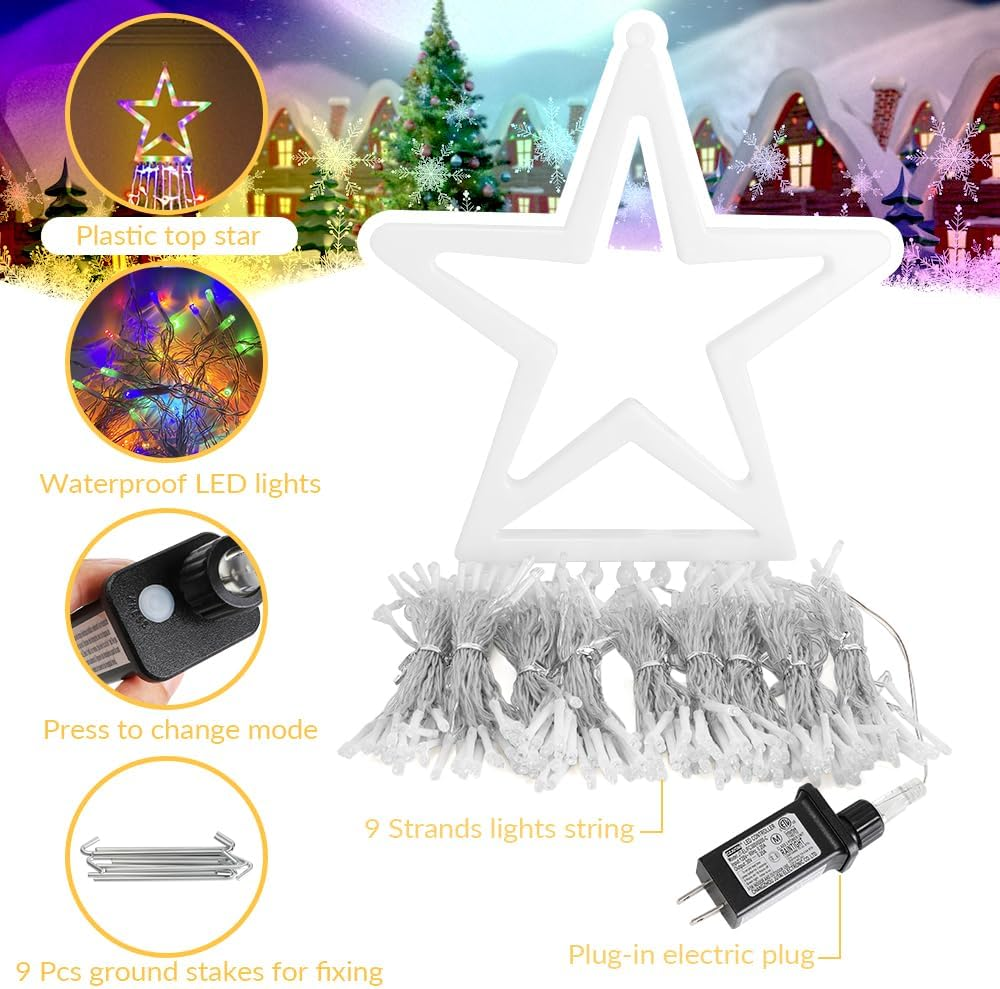 WOTOW Christmas String IP65 Waterfall Lights with 317 LED Star Hanging Twinkle Fairy Curtain Lights for Party Wedding Patio Indoor Outdoor Decorative Water Flow Lights Multi-Color