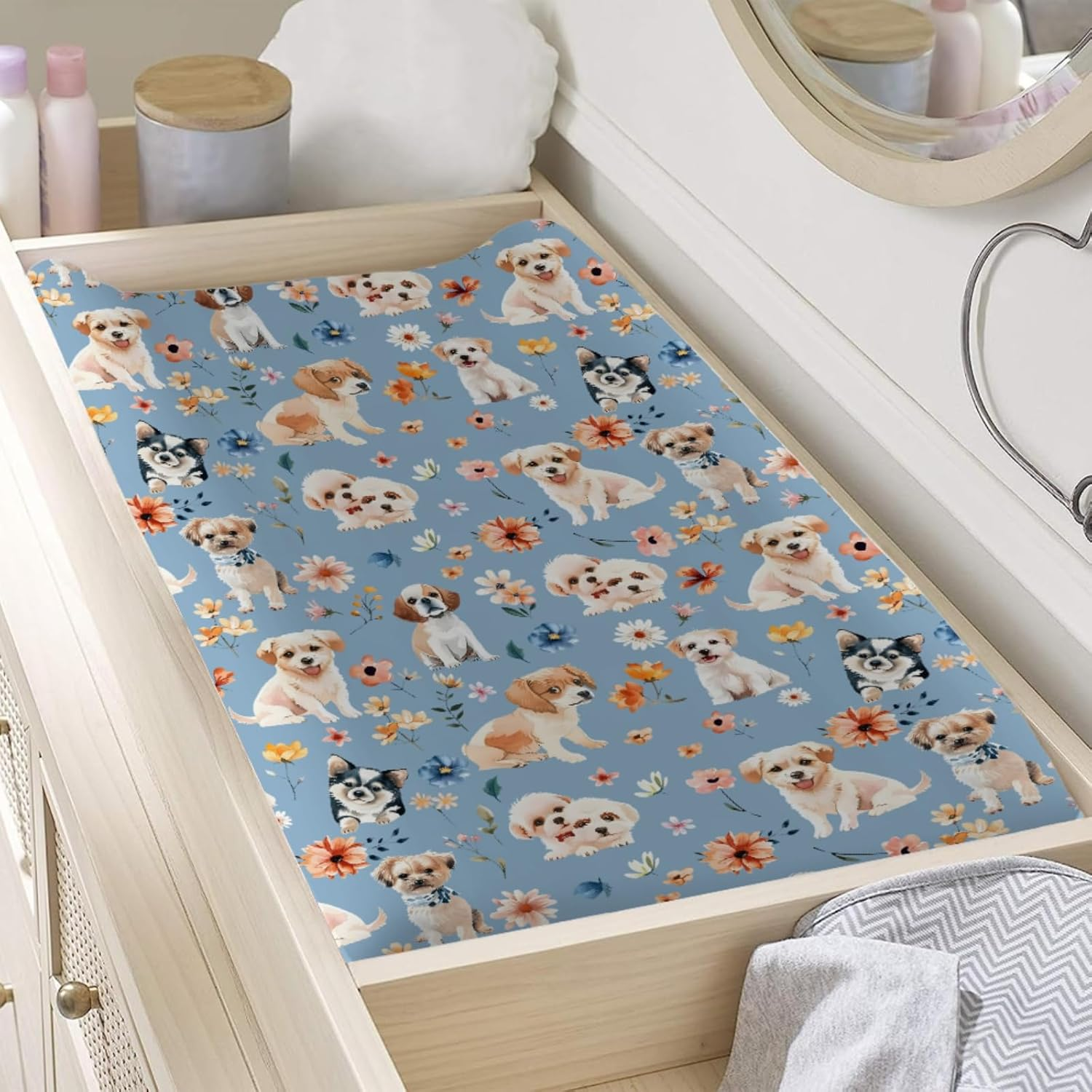 Dogs and Floral Baby Changing Pad Covers,Unisex Fitted Changing Pad Cover for Baby Boys Girls,Comfortable Breathable Changing Table Covers,Polyester Easy Care Diaper Change Table Sheets for Baby