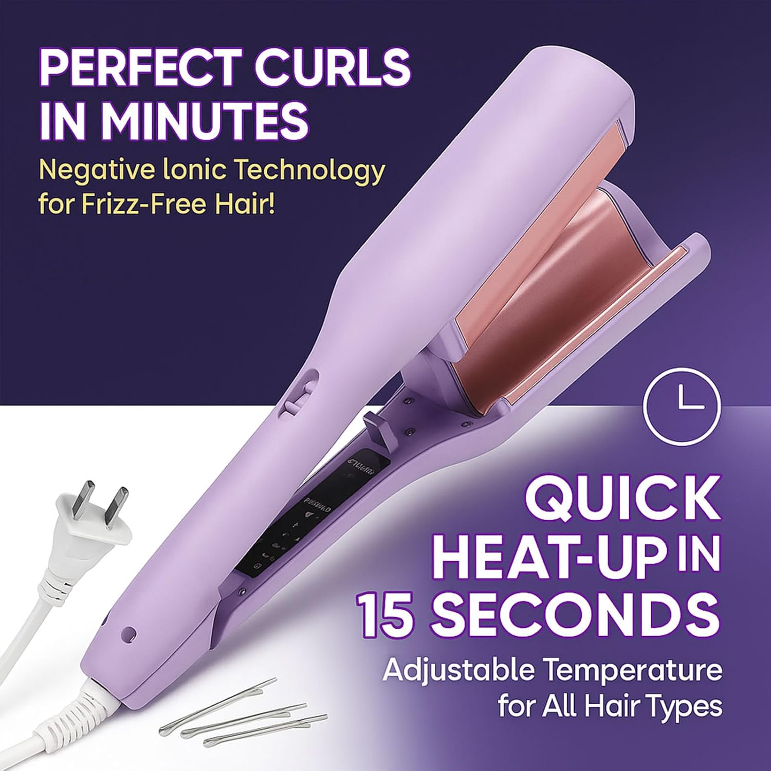 Homessencials Hair Styling Tool with Negative Ionic Technology &ndash; 3D Curling Iron for Frizz-Free Curls, Quick Heat in 15 Seconds, Adjustable Temperature for Smooth Waves, Beach Curls & French Style, Ideal for Home, Travel & Professional Use (B)