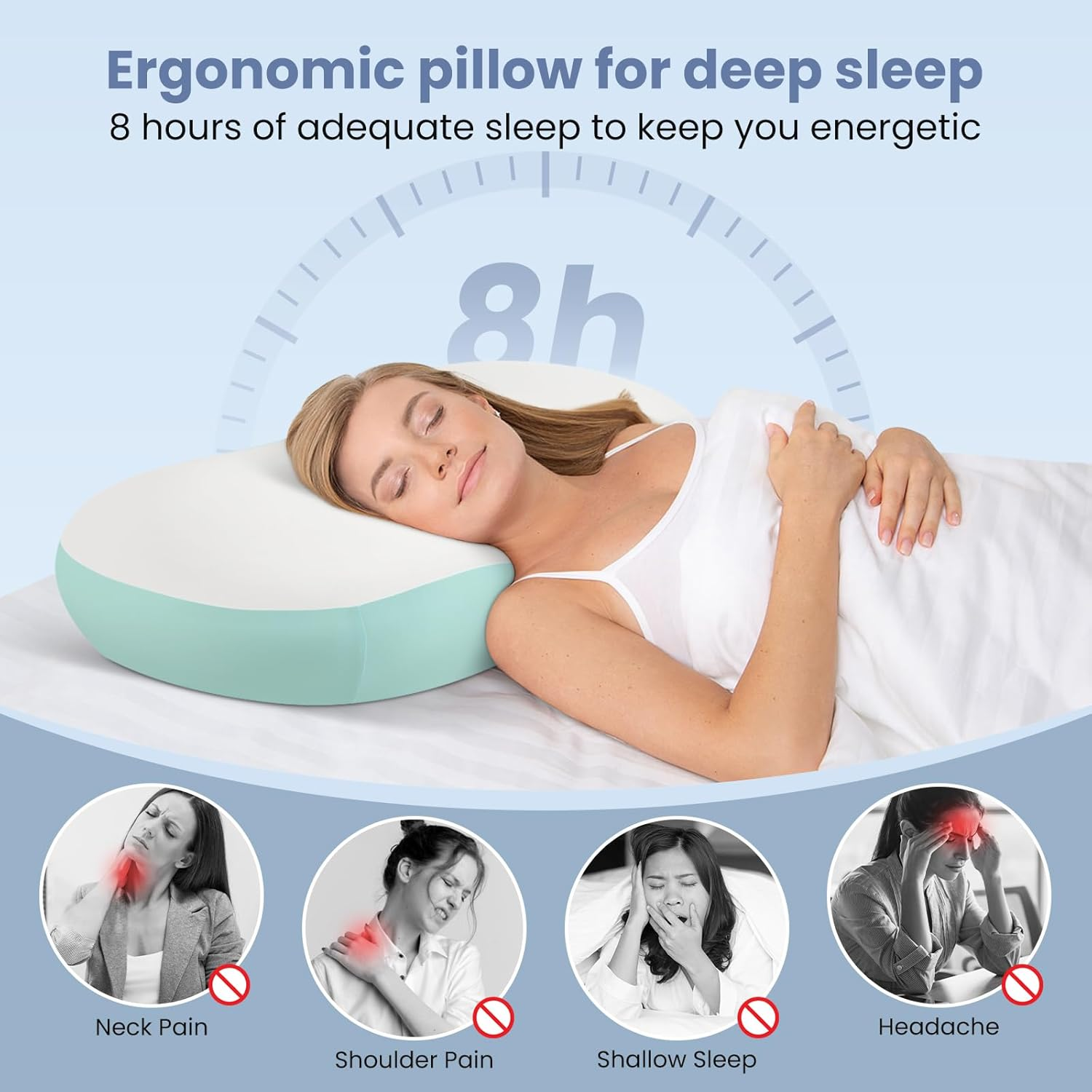 JINXIA Memory Foam Cloud Pillow for Sleeping, Cervical Pillow for Shoulder and Back Pain Relief, Ergonomic Contour Pillow for Side & Back & Stomach Sleepers with Breathable Pillowcase- White and Blue image number 6