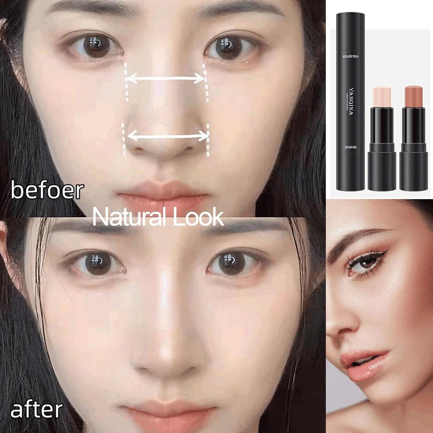 Dual Head Contour Stick, Natural Colors Concealer Highlighter Stick, 2 in 1 Double-Headed Cream Bronzer Contour Professional Waterproof Face Body Makeup (#01 Ivory+Dark Brown)