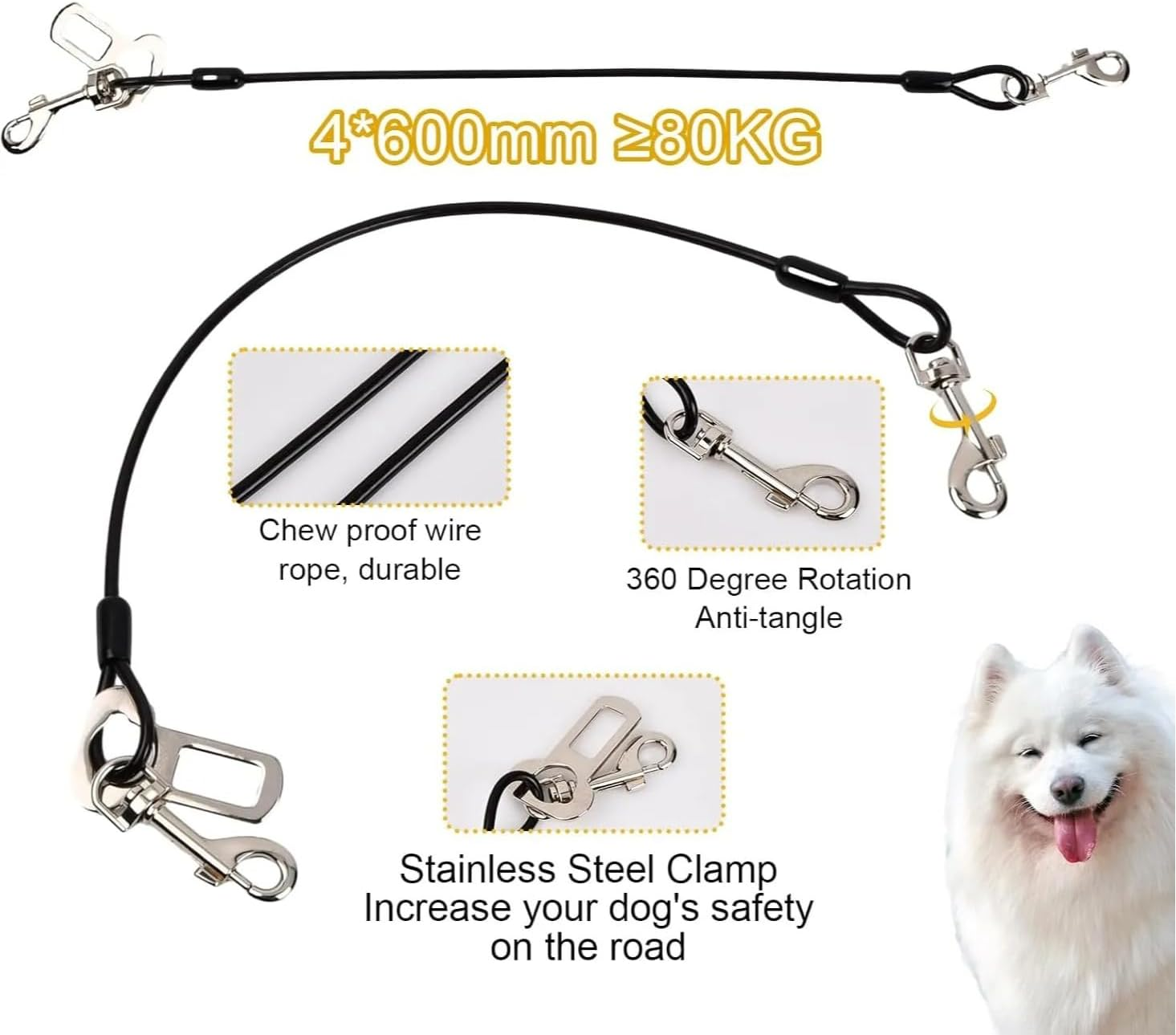 2 Pack Dog Chain Lead Cable Leash, Chew Proof Steel Rope Cable Dog Car Harness, Pet Vehicle Harness with Double Clips and Latch Attachment (60Cm) image number 3