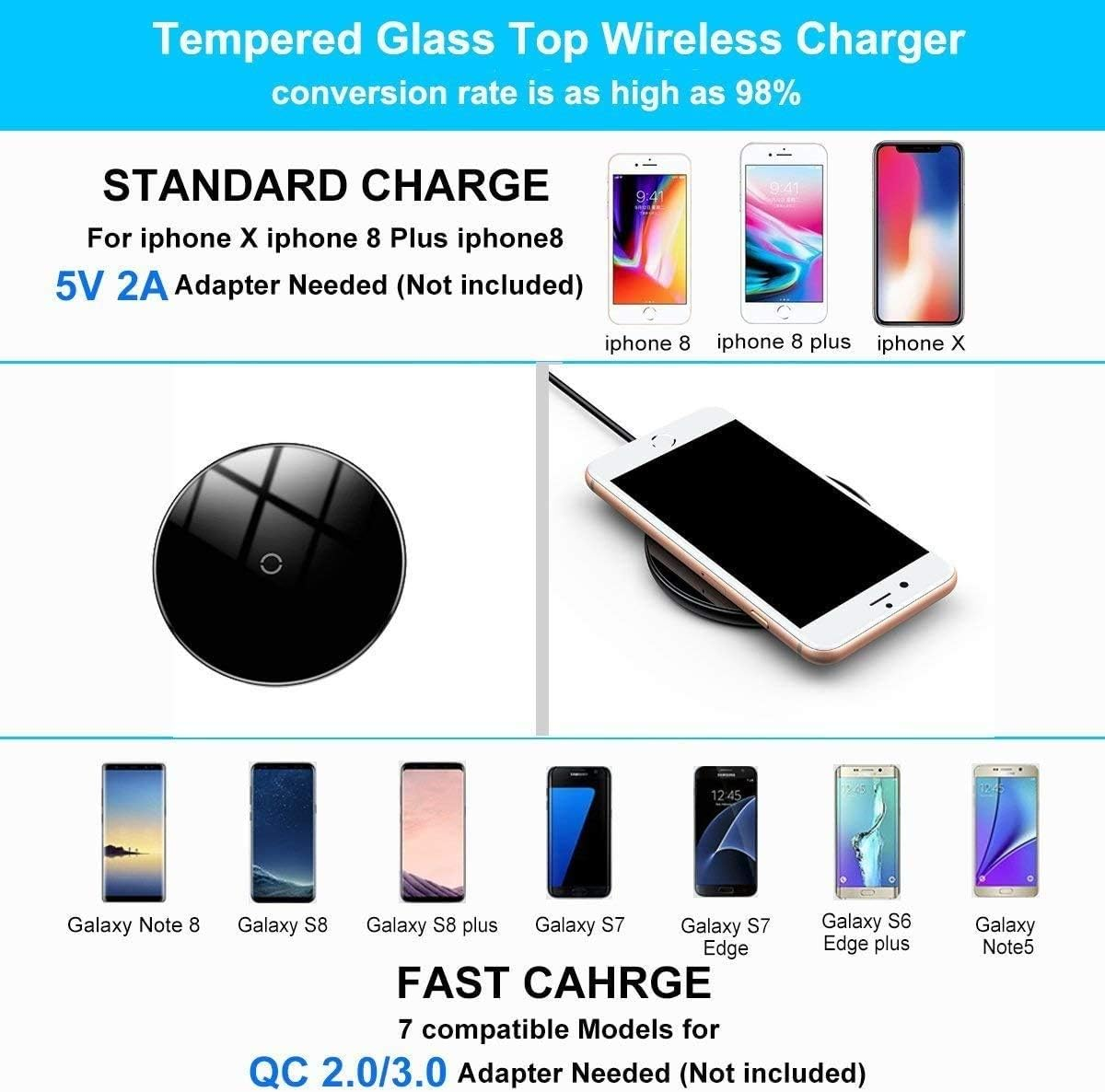 EZONEDEAL 10W Wireless Charger, Fast Wireless Charging Pad Mat Compatible with Iphone 14 15 13 12 11(Pro,Pro Max,Mini,Plus)/Xr/Xs/X/8/Se, Samsung Galaxy S23/S22/S21/S20/S10, Air Pods Pro/Galaxy Buds - White image number 2