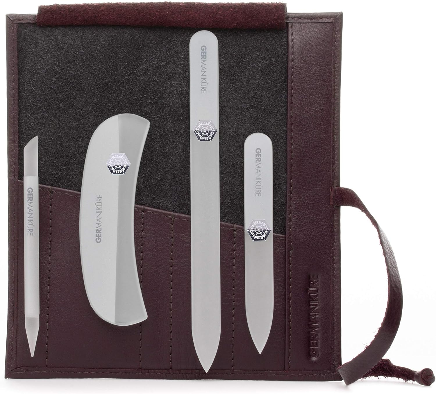 GERMANIKURE Gray Crystal Glass Nail File Set in Eggplant Purple Leather Case &ndash; Handmade in Czech Republic &ndash; Professional Manicure & Pedicure Supplies &ndash; Glass Cuticle Stick, Pusher, Moon File