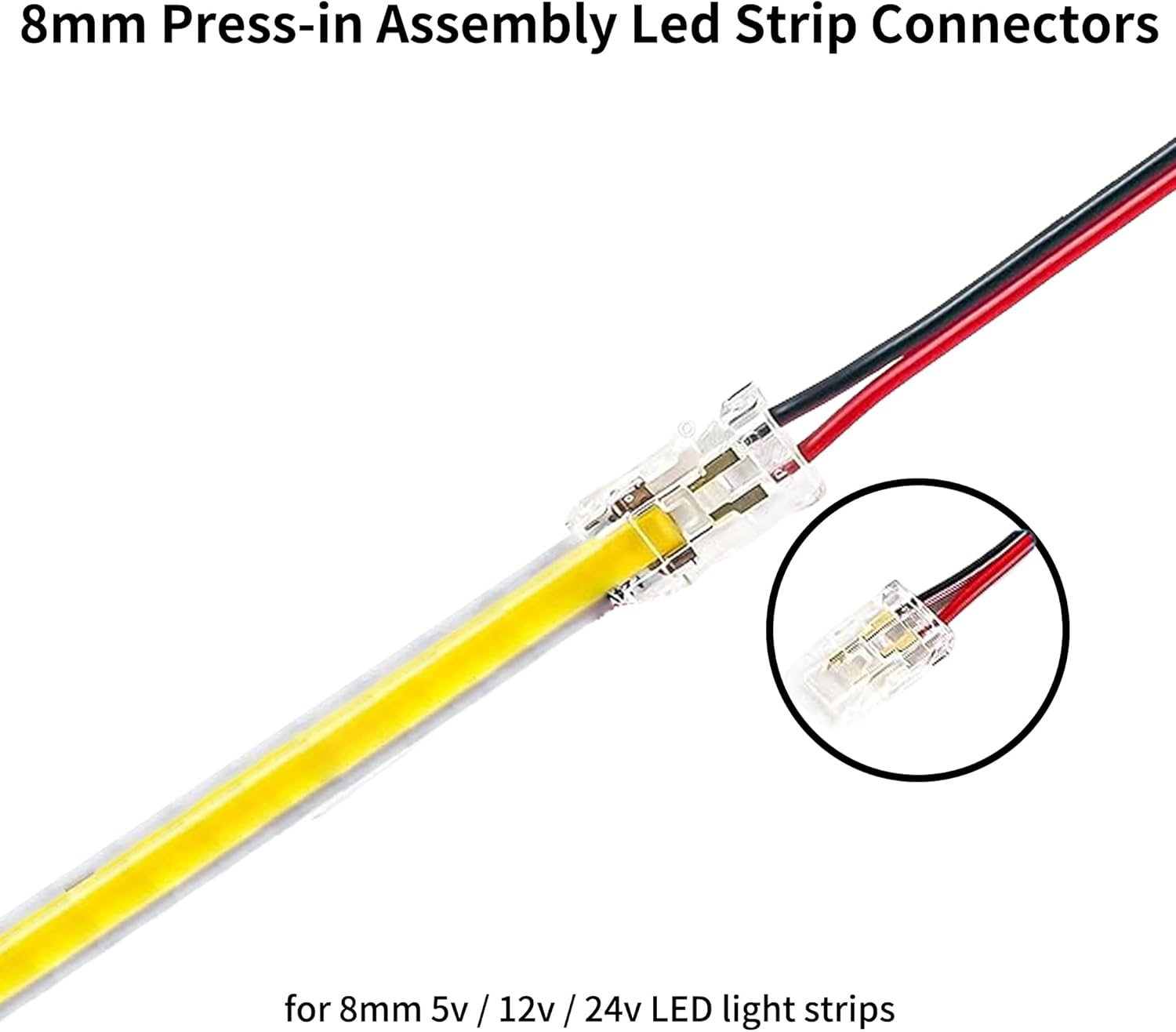 Clearhill 8Mm 2Pin 20Pcs Press-In Assembly COB Led Strip Connectors,Ultra Slim,Strip to Wire Connectors + 10Cm Cable for Single Color 5V/12V/24V Light Strips,Transparent Terminal,Safe Connection. image number 5