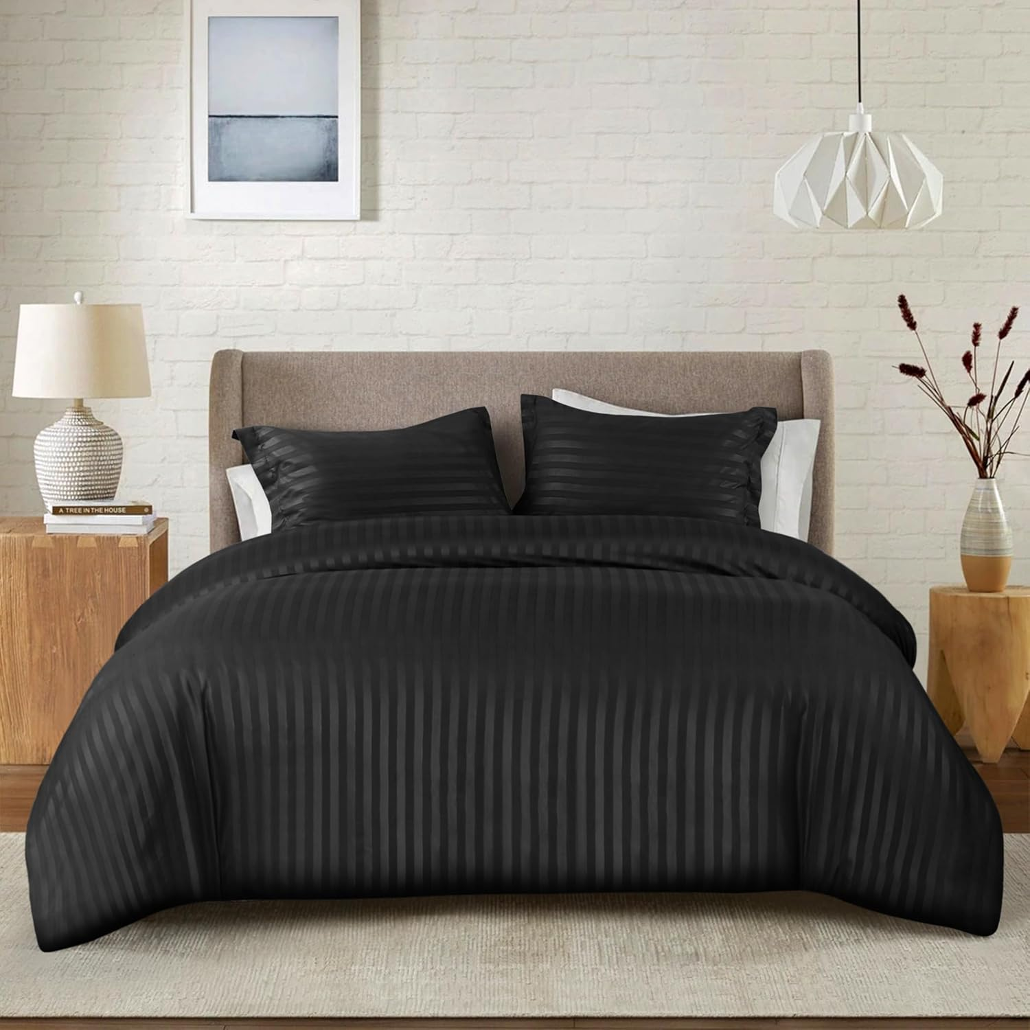 Opulent Dreams Striped Duvet Cover Set &ndash; Ultra-Soft Microfibre Bedding Set &ndash; with Quilt Cover and 2 Pillowcases (Black, Double (200X200Cm & (2) 50X75Cm)) image number 5