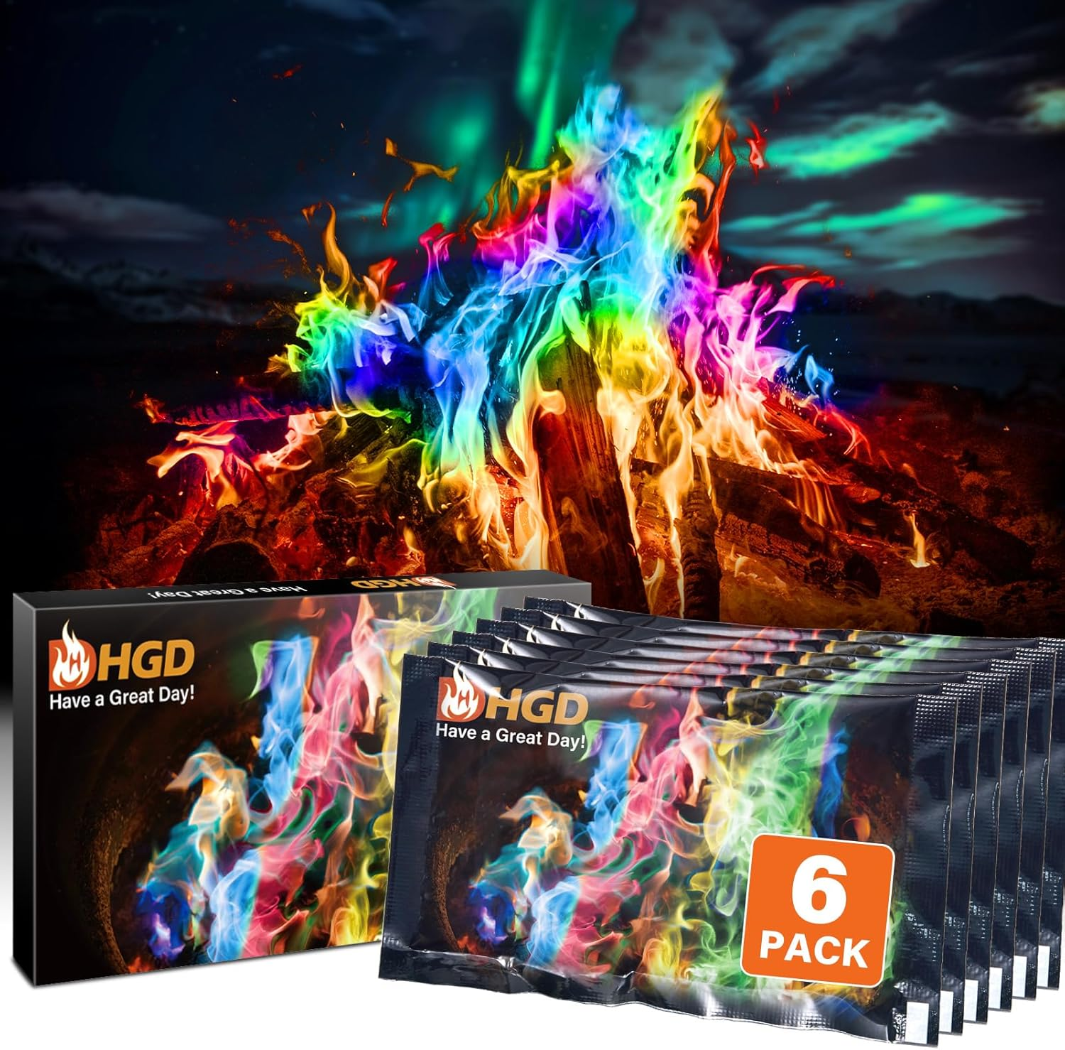 HGD (6 Pack) Magic Campfire Fire Color Changing Packets for Fire Pit, Indoor/Outdoor Fireplace, Bonfire - Rainbow Magical Flame, Camping Accessory, Compatible with Wood image number 3