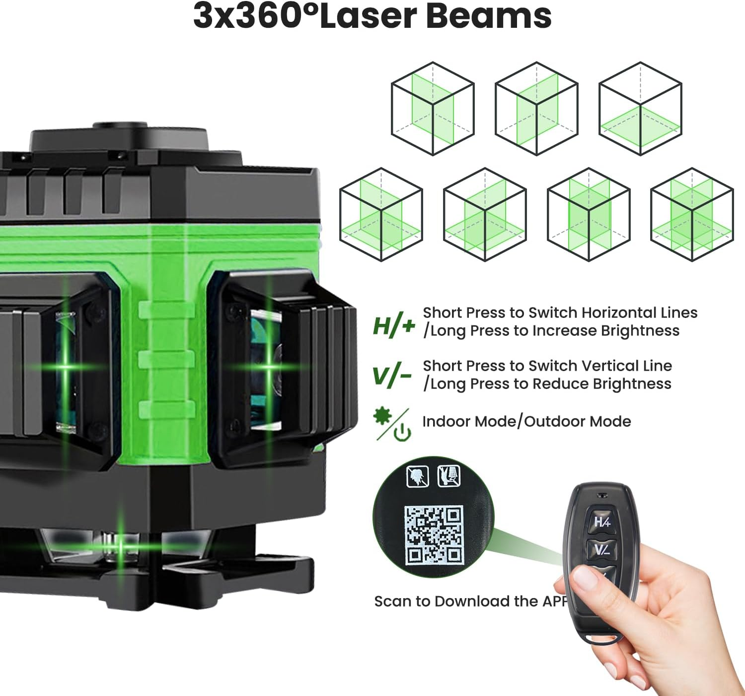Xkimos Laser Level Green Self Leveling 12 Lines 3X360&deg;Adjustable Brightness Horizontal & Vertical Cross Line with Manual and Pulse Mode for Indoor Outdoor, 2Xbattery,Remote Control,Charger and so On