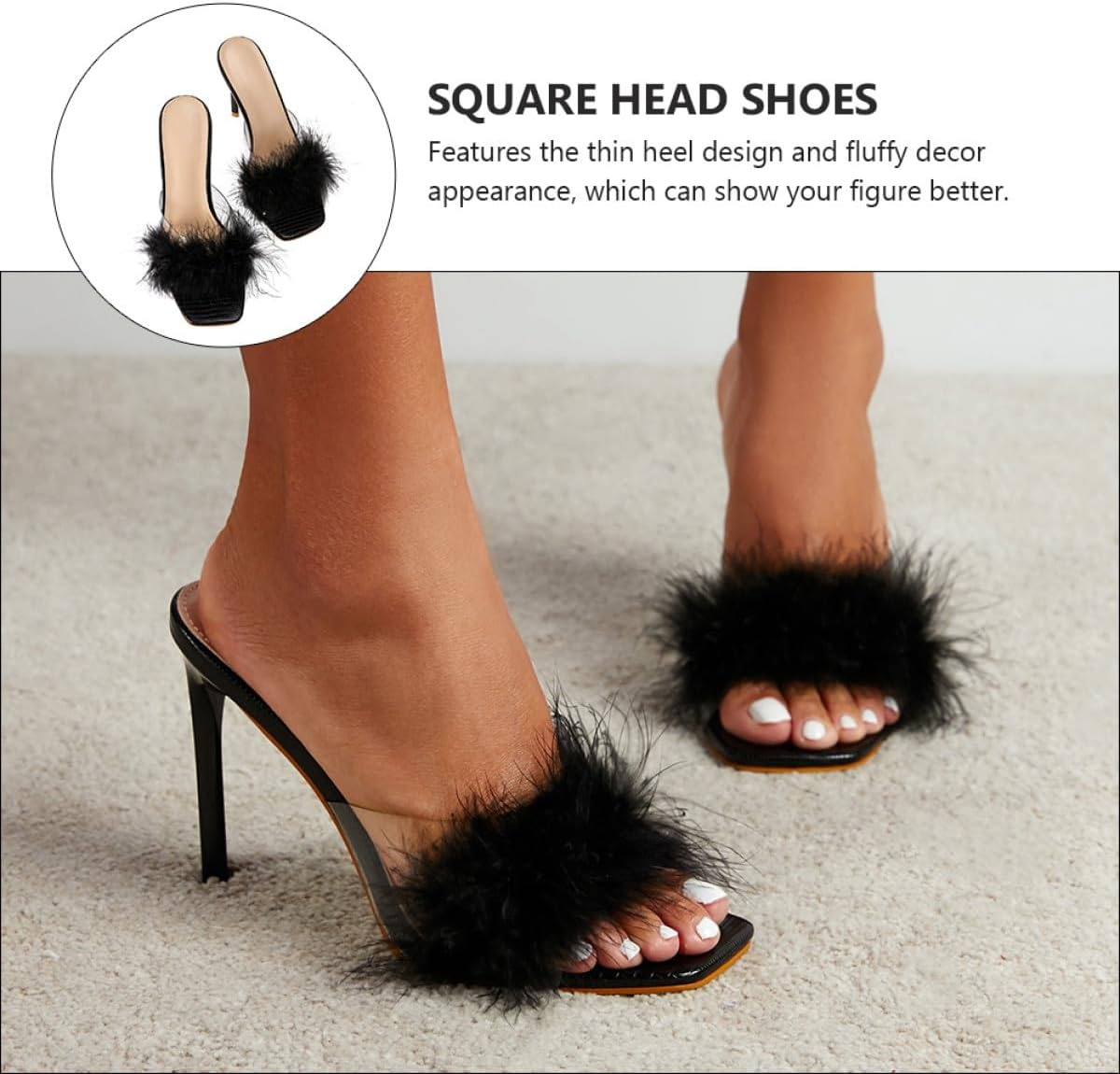 PLAFOPE Charming Square Toe Thin Heel Sandals for Women Summer Fluffy Decor Lightweight Fashionable Stylish High Heels Black image number 4