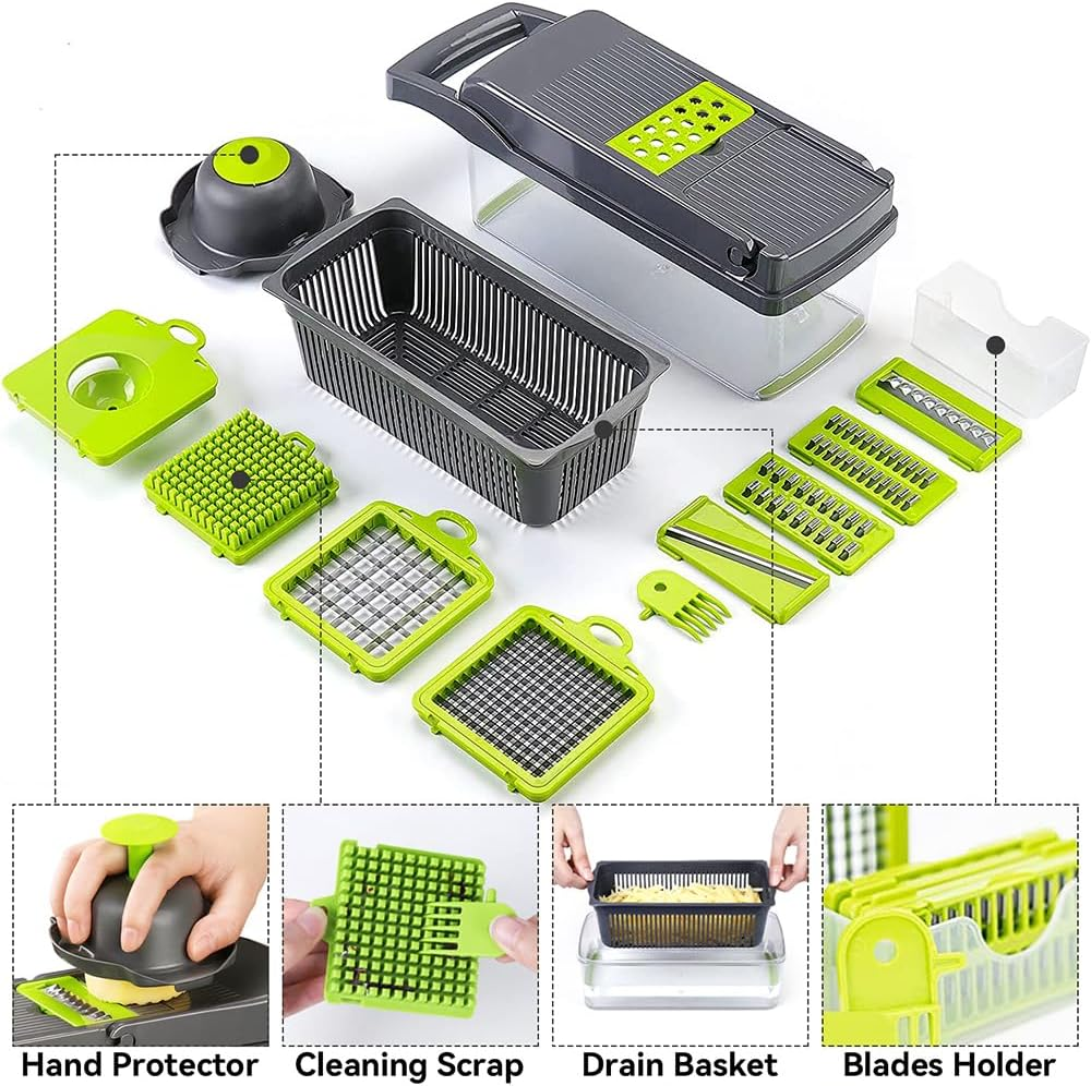 MS. KUKI Vegetable Chopper 12 in 1 Multifunctional Veggie Mandoline Slicer Cutter Food Dicer with Container Hand Guard Draining Basket Stainless Steel Blades for Onion Potato Carrot - White (Grey) - White image number 2