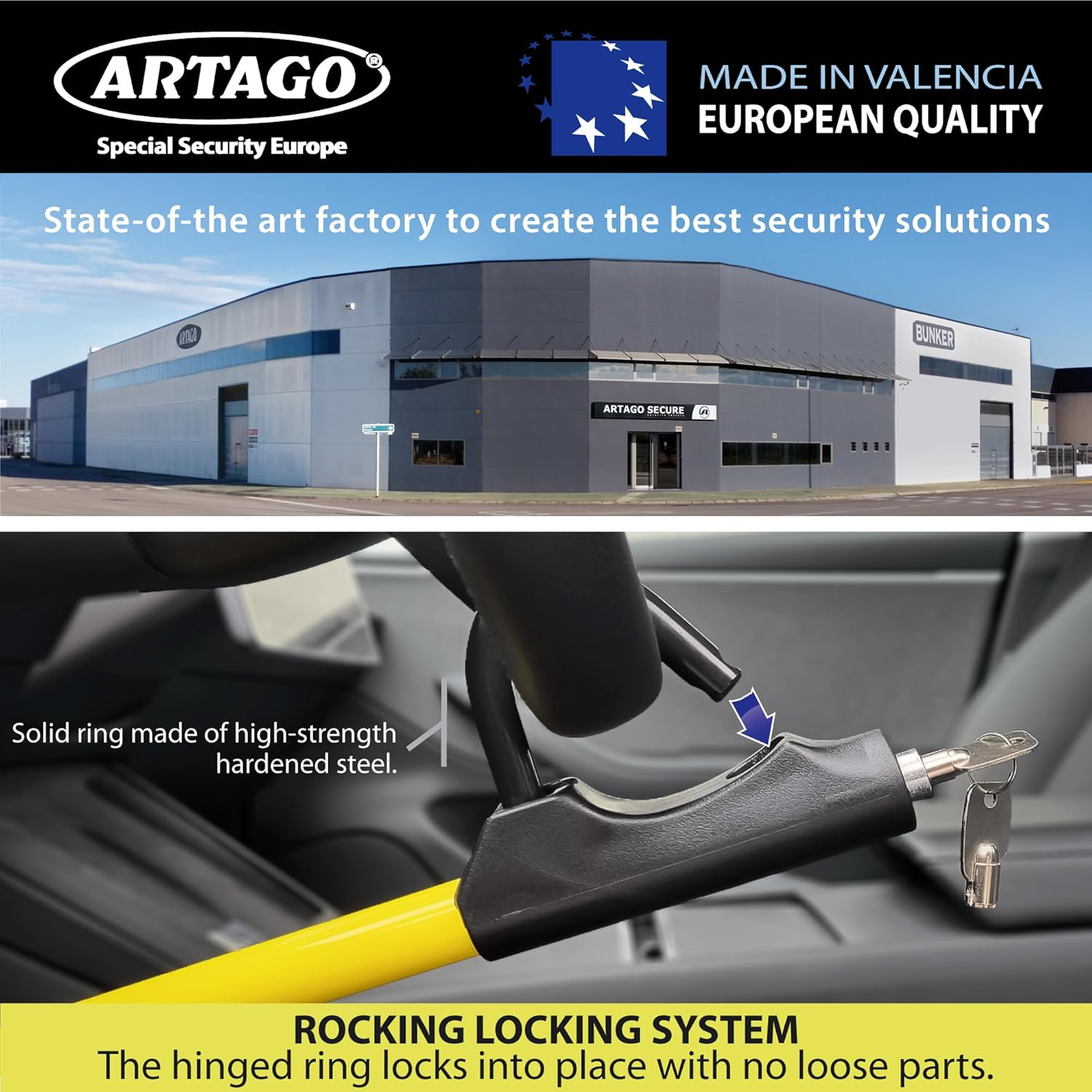 ARTAGO 871 High-End Steering Wheel Brake Pedal Lock, Stronger Rocking Locking, Easy Hook System, High Security Anti-Drill Lock, Universal Clutch anti Theft Bar Lock Device for Car Truck Van, Camper image number 3