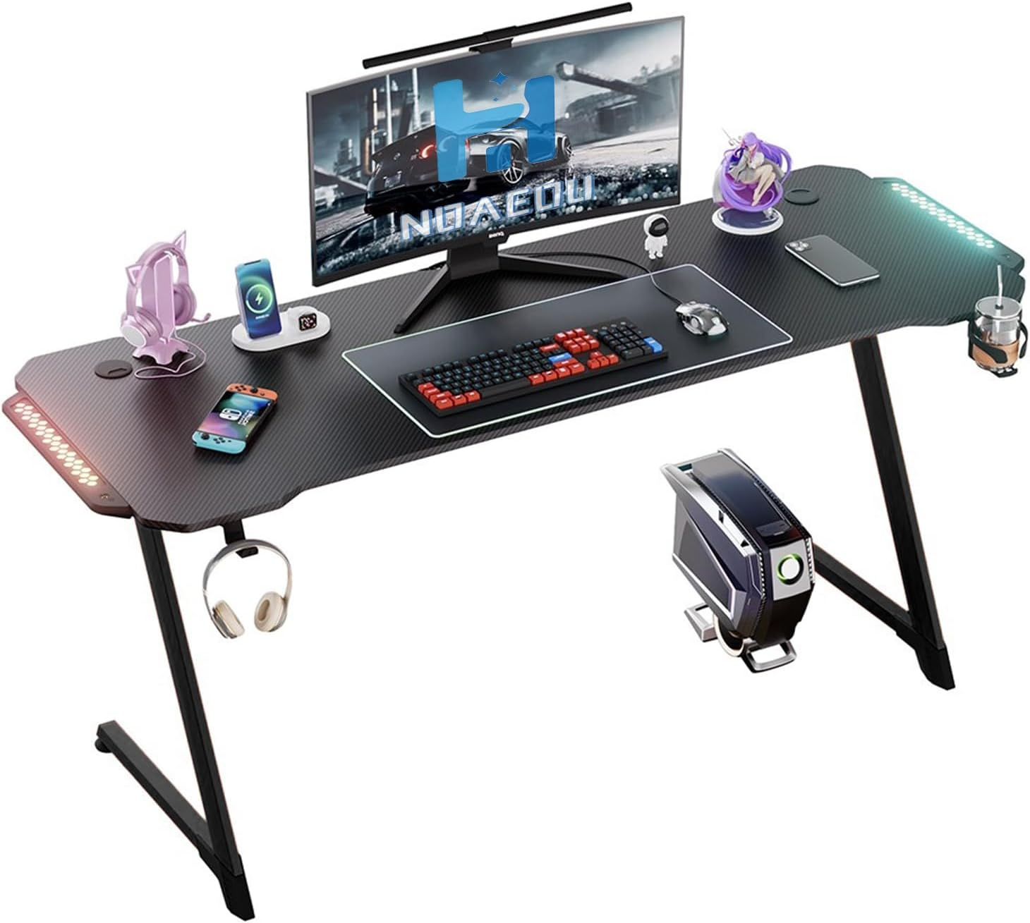 Gaming Desk Computer Desk: 160Cm LED RGB Light Home Desk Study Desk with Carbon Fiber Surface Video Game Table with Cable Management Box, Cup Holder, Headphone Hook and Mouse Pad (TD-02)