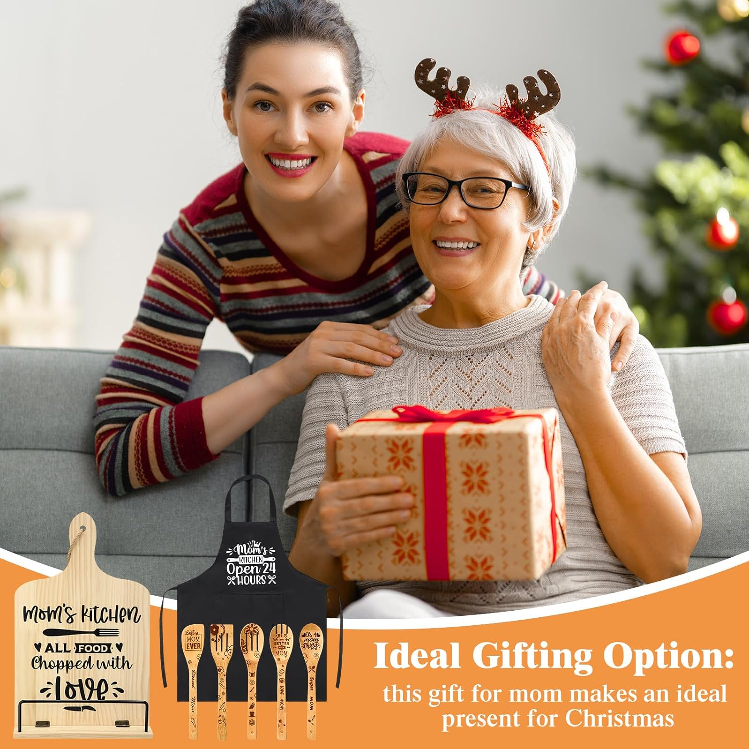 7 Pcs Gifts for Grandma Mom NANA, Christmas Gifts Birthday Gift Wooden Adjustment Cookbook Stand Cooking Utensils Set Kitchen Apron for Birthday Christmas Thanksgiving Winter Gift (Mom) image number 5