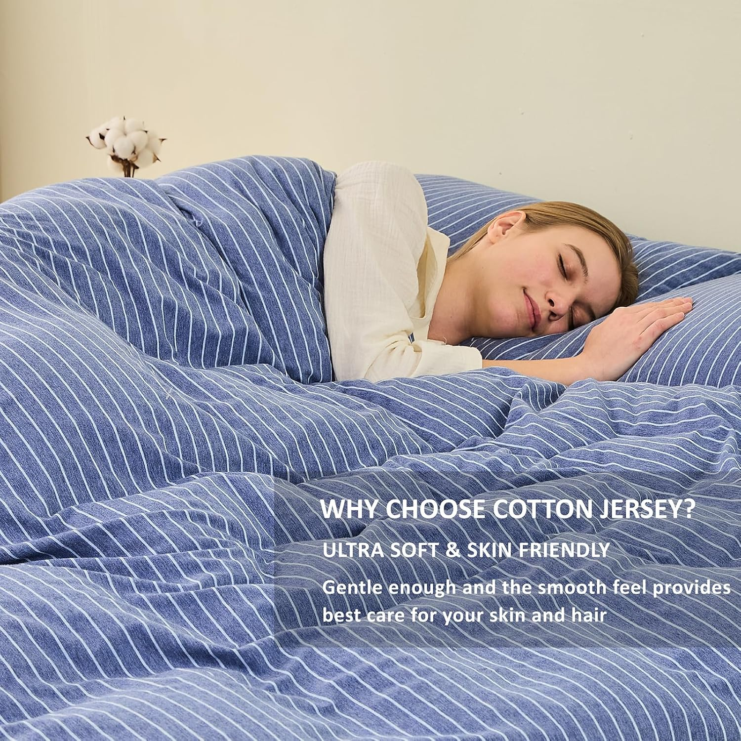 Jersey Cotton Knit Quilt Cover Set 100% Cotton T-Shirt Duvet Cover Set Super Soft Comfy 3Pc Cotton Doona Cover with Zipper Closure (Blue & White Pinstripe, Queen) image number 6