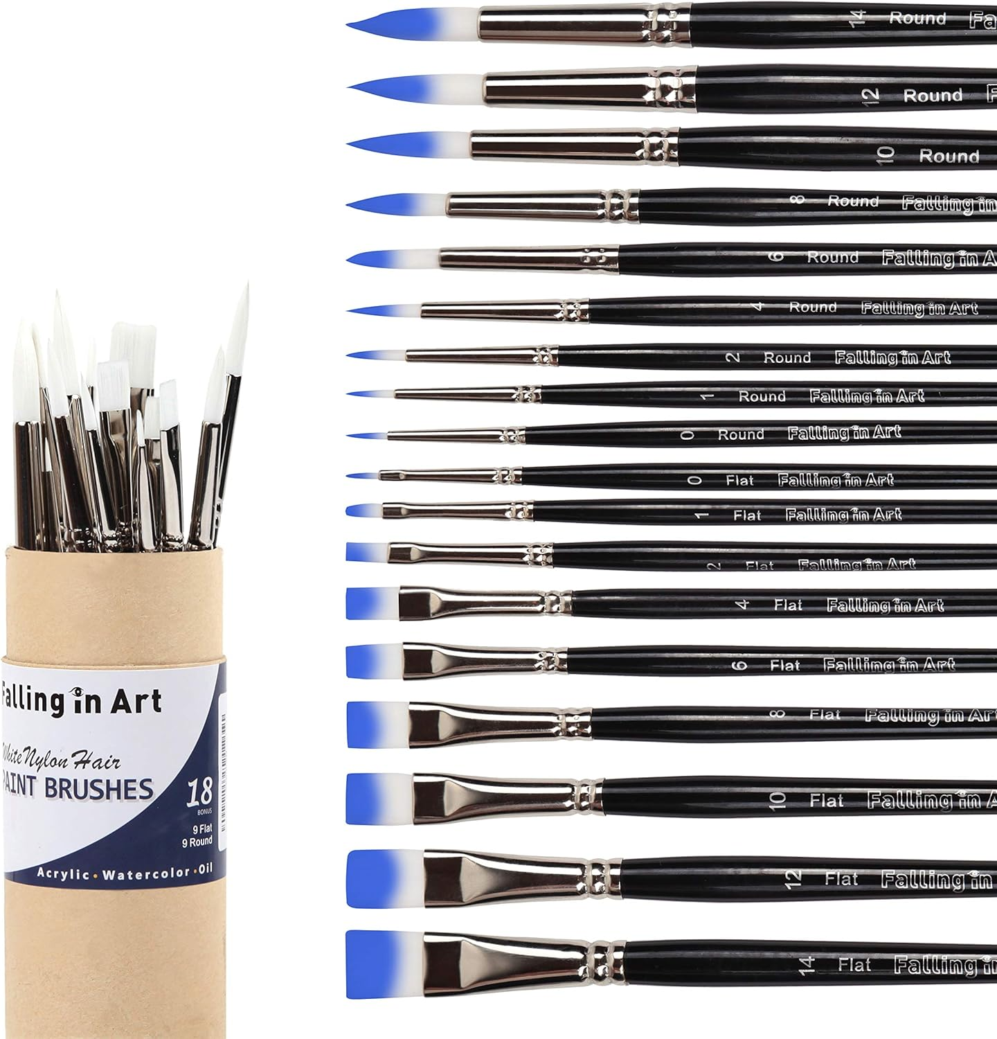 Falling in Art White Nylon Paint Brushes Set of 18 PCS for Acrylic, Oil, Watercolor Painting image number 1