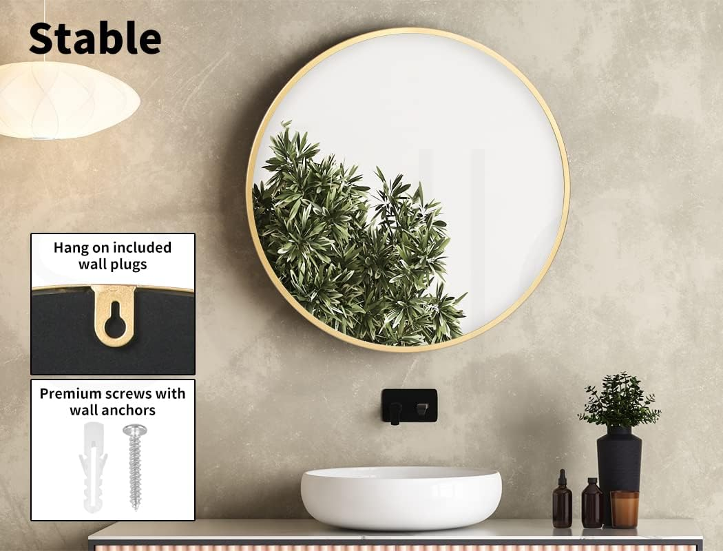 Yezi Home round Wall Mirror Vanity Bedroom Hanging Decor for Bathroom Makeup Shower Room Gold Metal Framed 50CM Dia image number 6