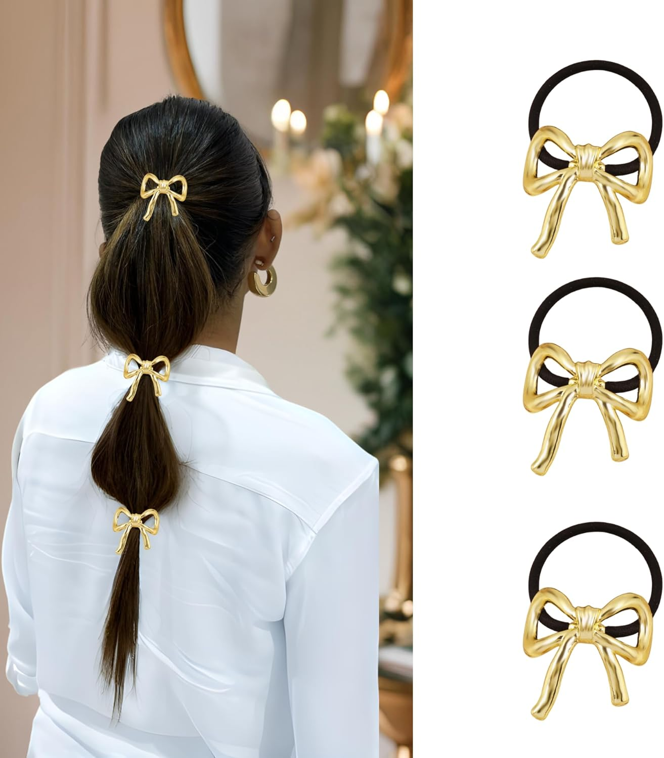 Bottega Della Principessa Set of 3 Hair Bobbles with Golden Metal Hair Accessories for Women Gold