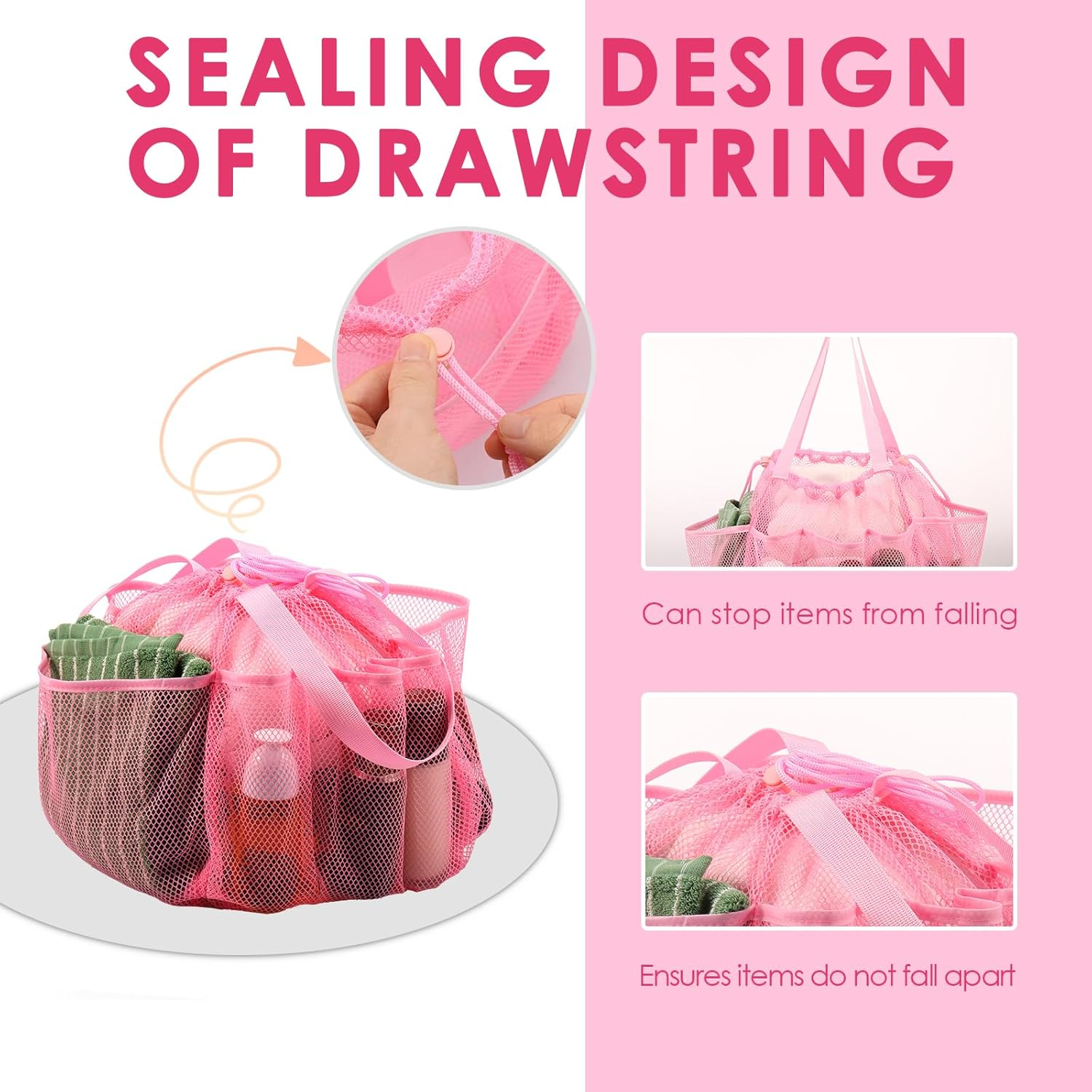 DJAPWPX Mesh Shower Caddy Double Handle Beach Toiletry Bag Drawstring Design Large Capacity for Travel Camping for People (Pink) - Pink image number 4