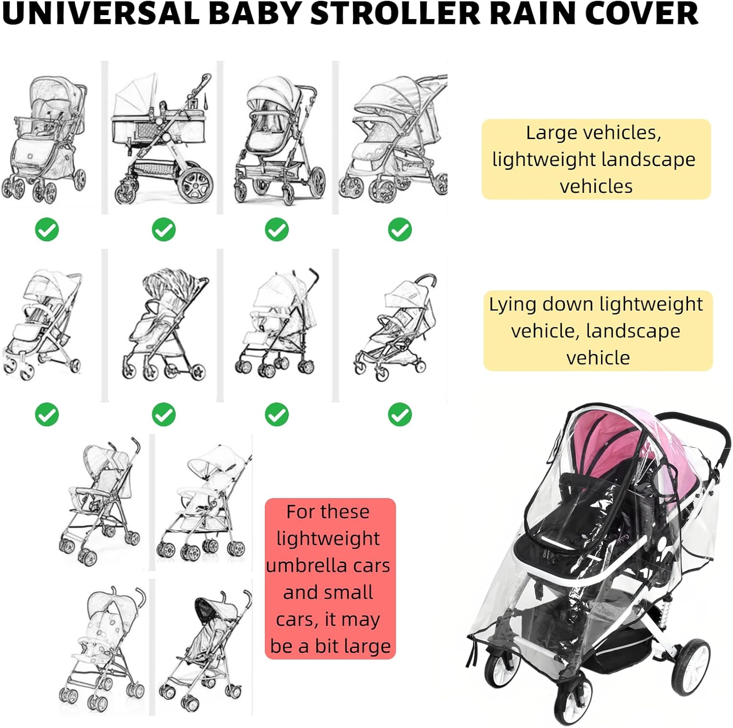 Universal Baby Stroller Rain Cover - EVA Material with Front Zip Opening, Windproof Waterproof Dustproof Clear Transparent Protection for Travel Weather Shield - Fits Most Pushchairs, Prams, Buggies