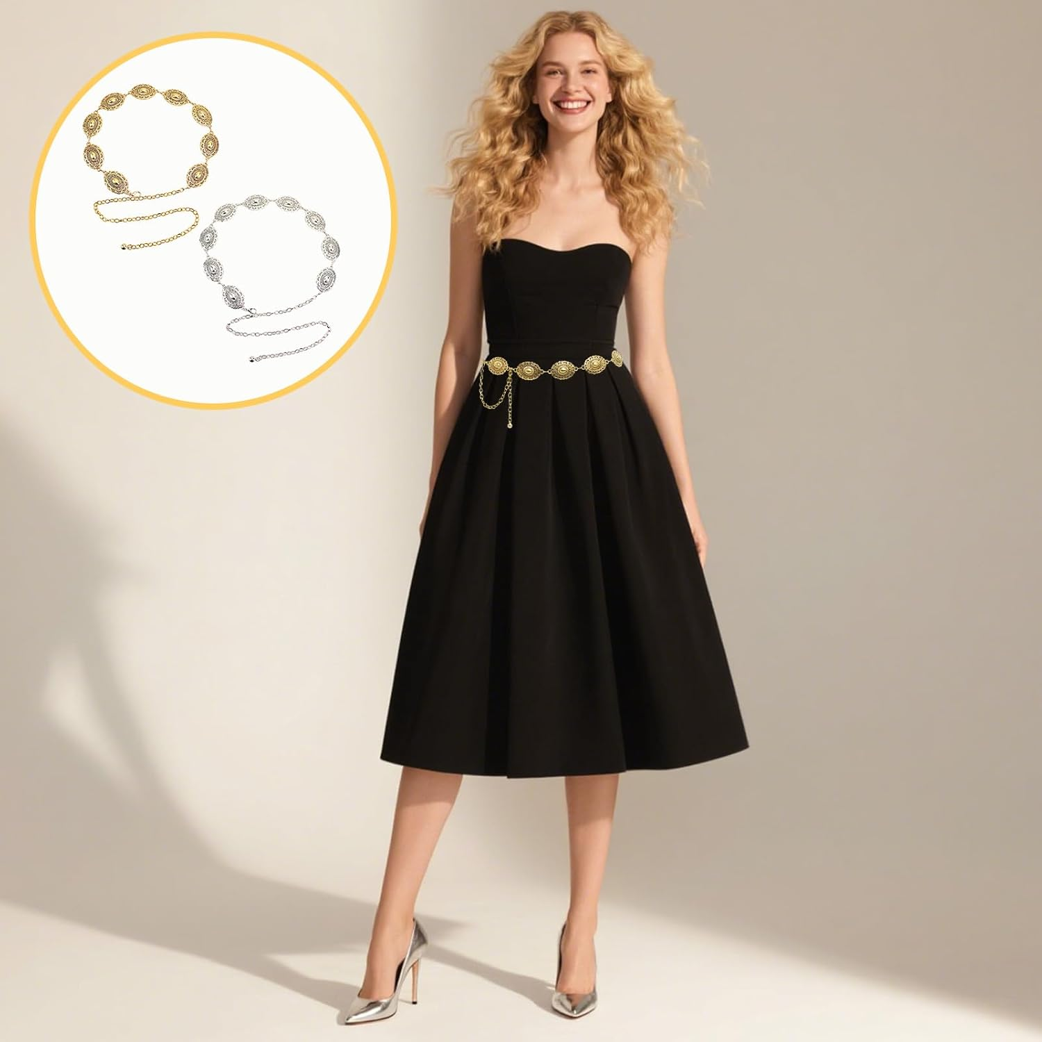 2Pcs Belt Women, Adjustable Golden Fashionable Retro Cowboy Belt,Waist Chain Oval Western Cowgirl Lady Metal Waist Chain Belt for Concert Party Travel image number 4