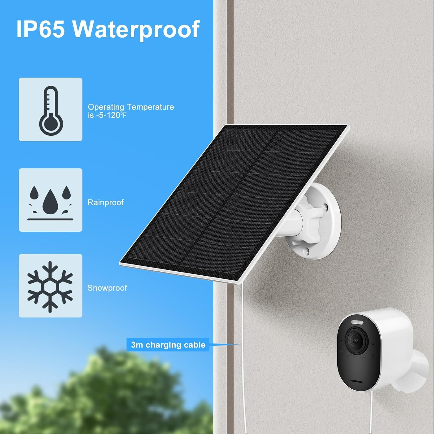 Solar Panel Charger for Arlo Pro 3,Pro4,Pro 5S,Ultra,Ultra 2,Pro 3 Floodlight,5W IP65 Waterproof Solar Panel Charger for Arlo with 9.84Ft Charging Cable (1 Pack) image number 2