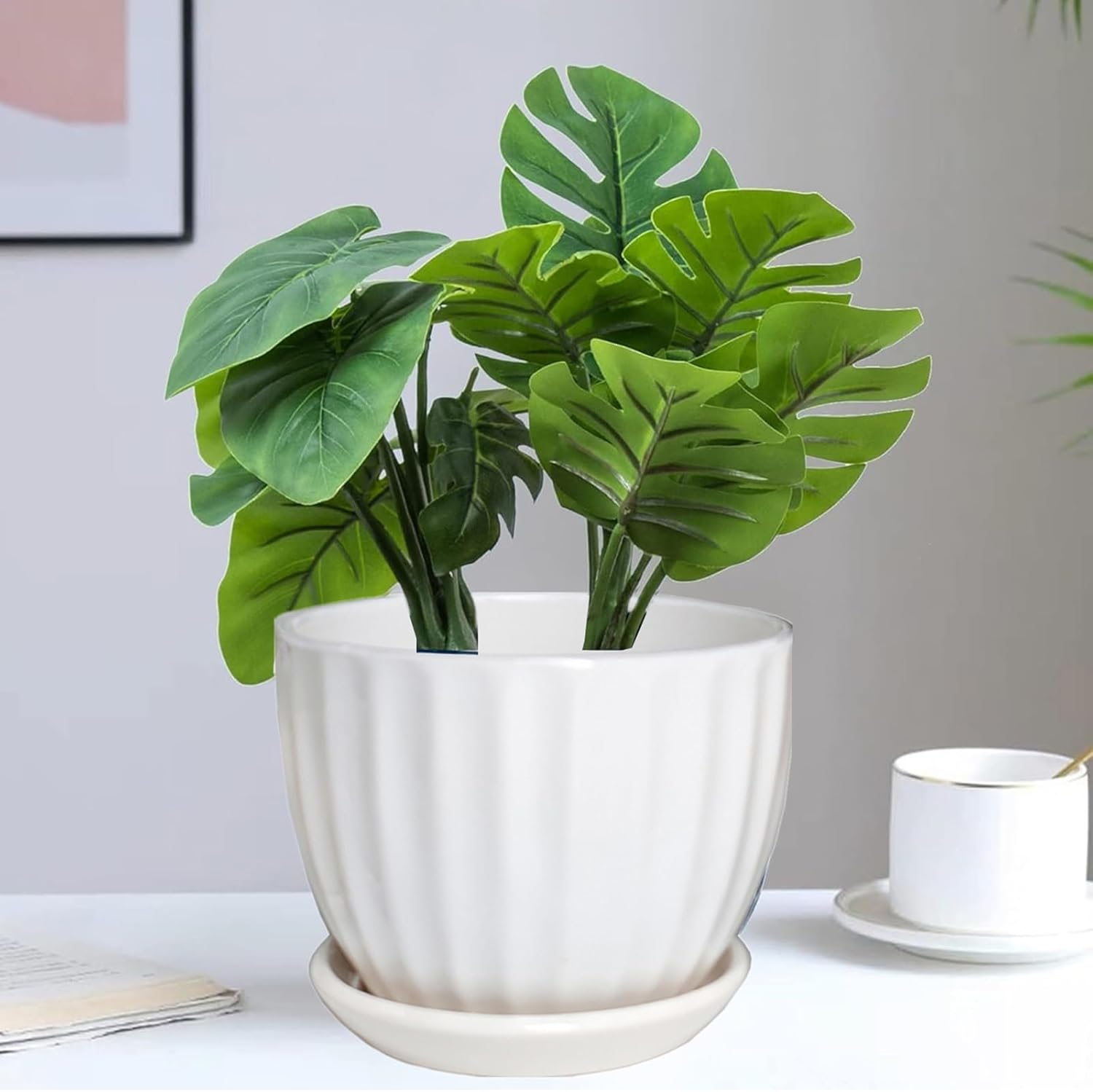 NASHRIO 3-Piece Small Ceramic Plant Pots with Drainage Holes - Indoor/Outdoor Decorative Flower Pots for Succulents, Mini Cacti, Herbs (Set of 3) (A) - C image number 6