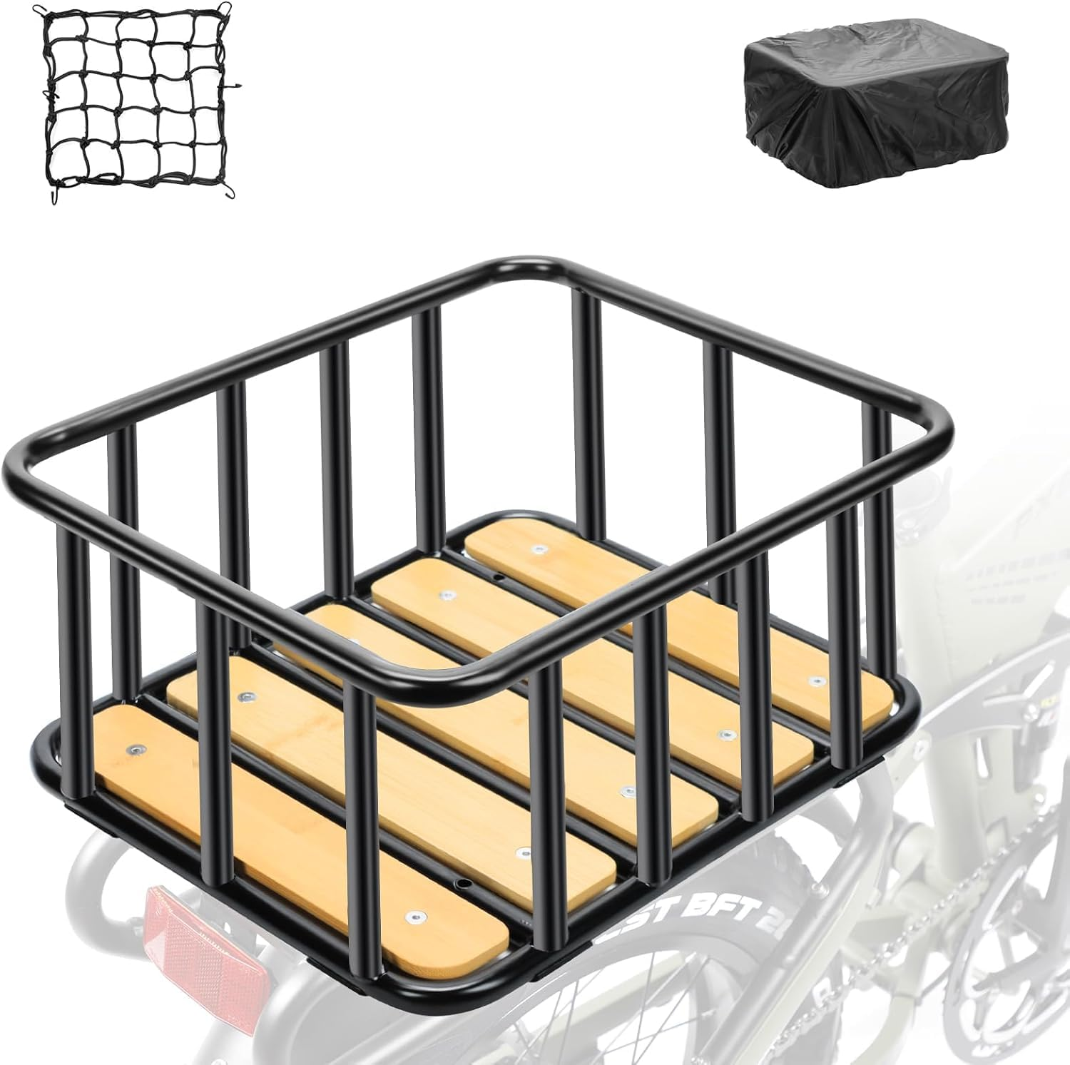 Heavy Duty Rear Bike Basket with Waterproof Cover & Cargo Net - 35X30X17Cm Rust-Resistant Metal Basket, Wooden Base for Bicycles/E-Bikes/Pets image number 4