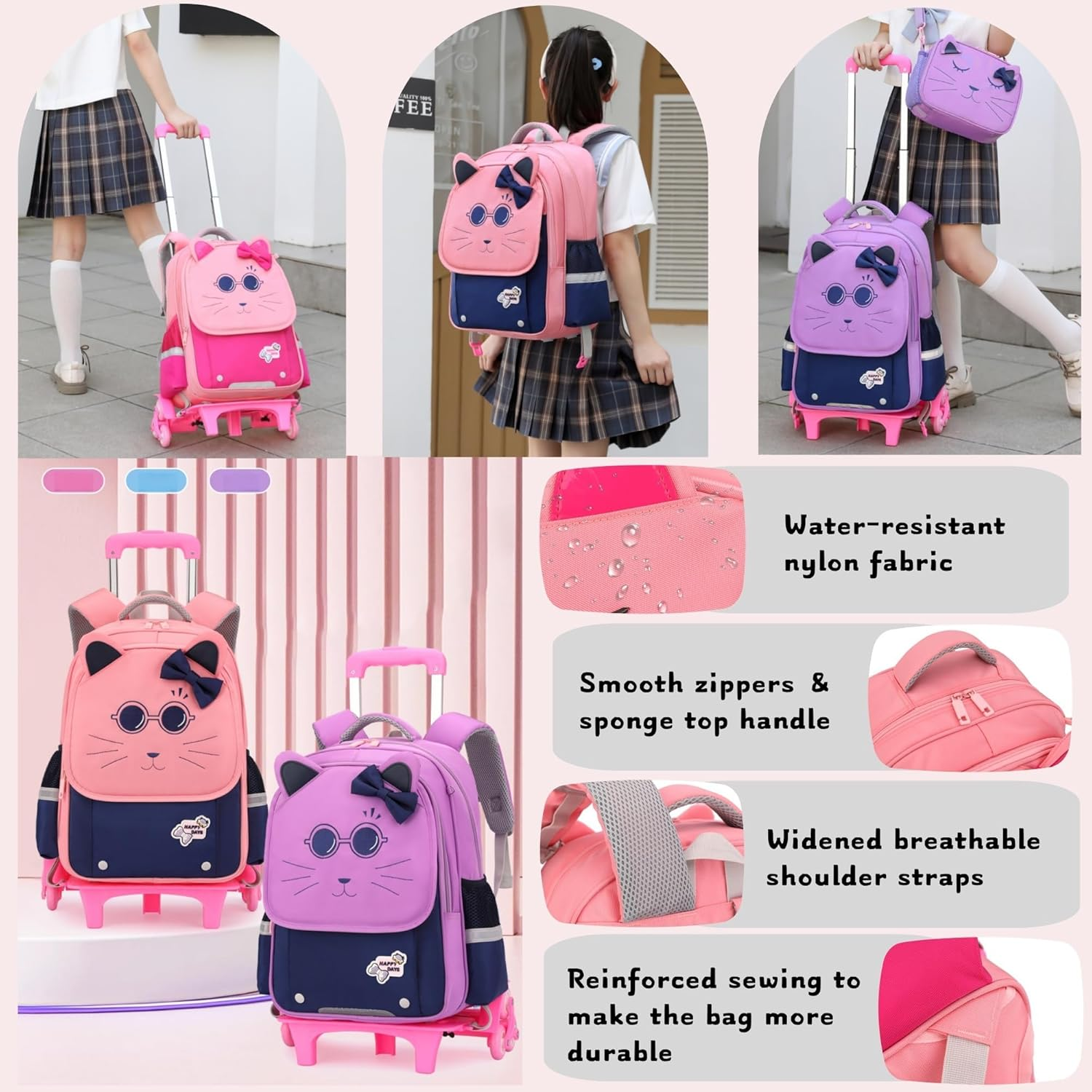 GRUOTEIS Cat Face Rolling Backpack for Girls Cute School Bag Backpack with Wheels image number 3